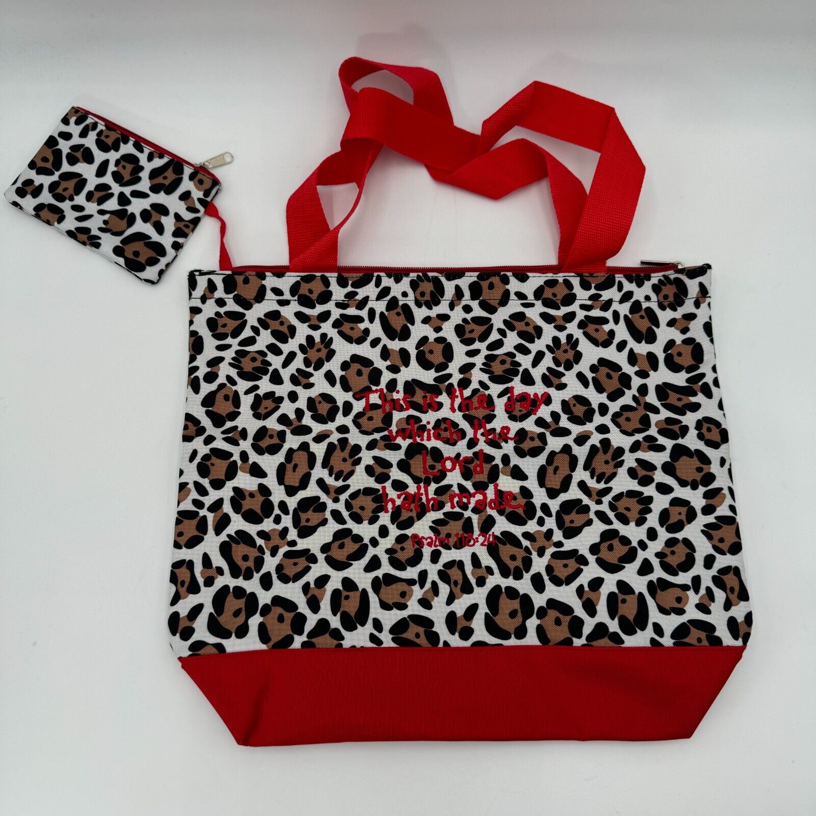 Leopard Print & Red Large Tote Bag with Mathching Coin Purse Zippered Psalm NWT