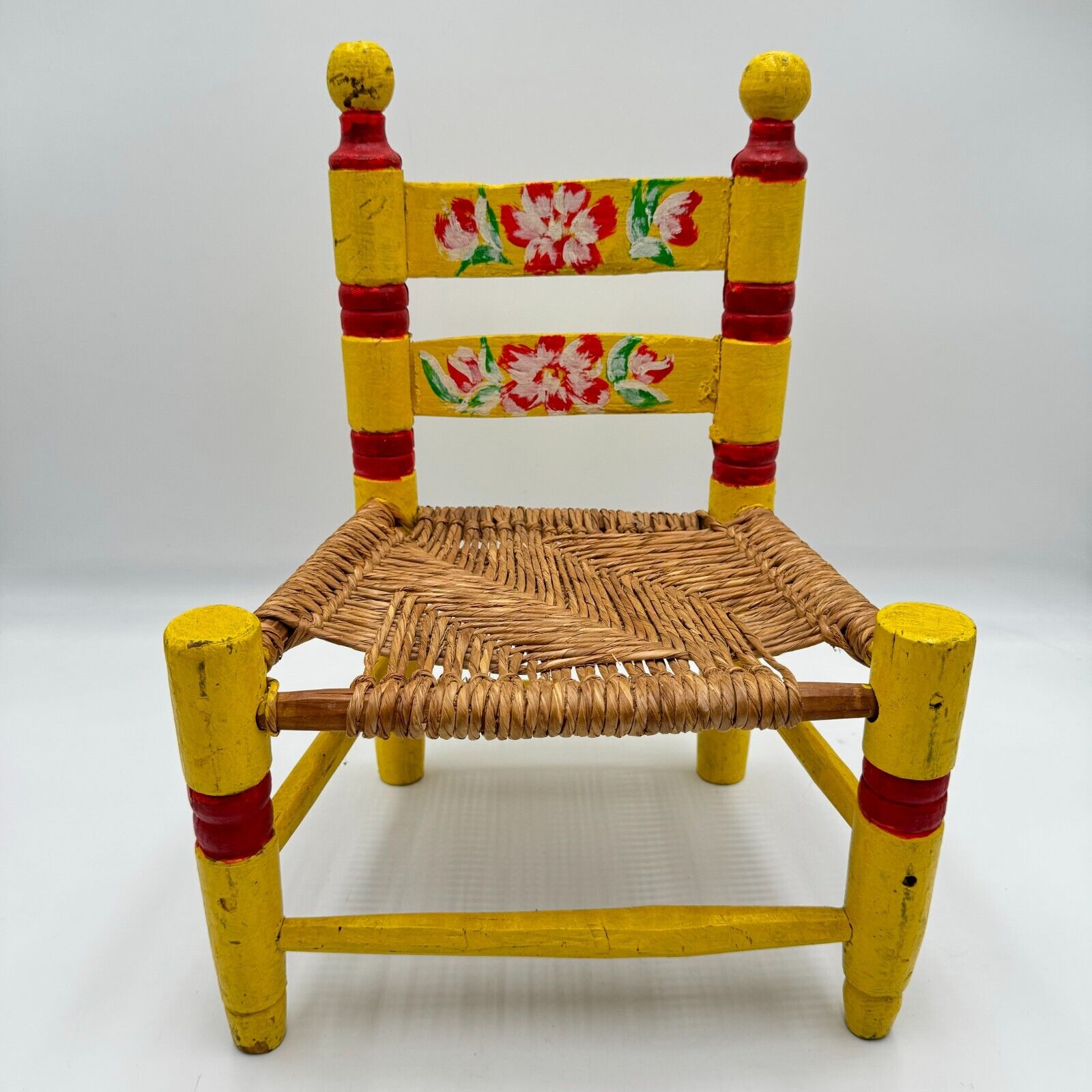 Vintage Hand Painted Child's Chair Mexican Folk Art Wicker Woven Rush Seat Stool