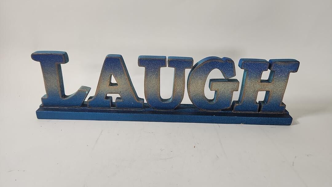 "LAUGH" Wooden Home Decor Sign, Blue with Glitter 21.5"x5.5"