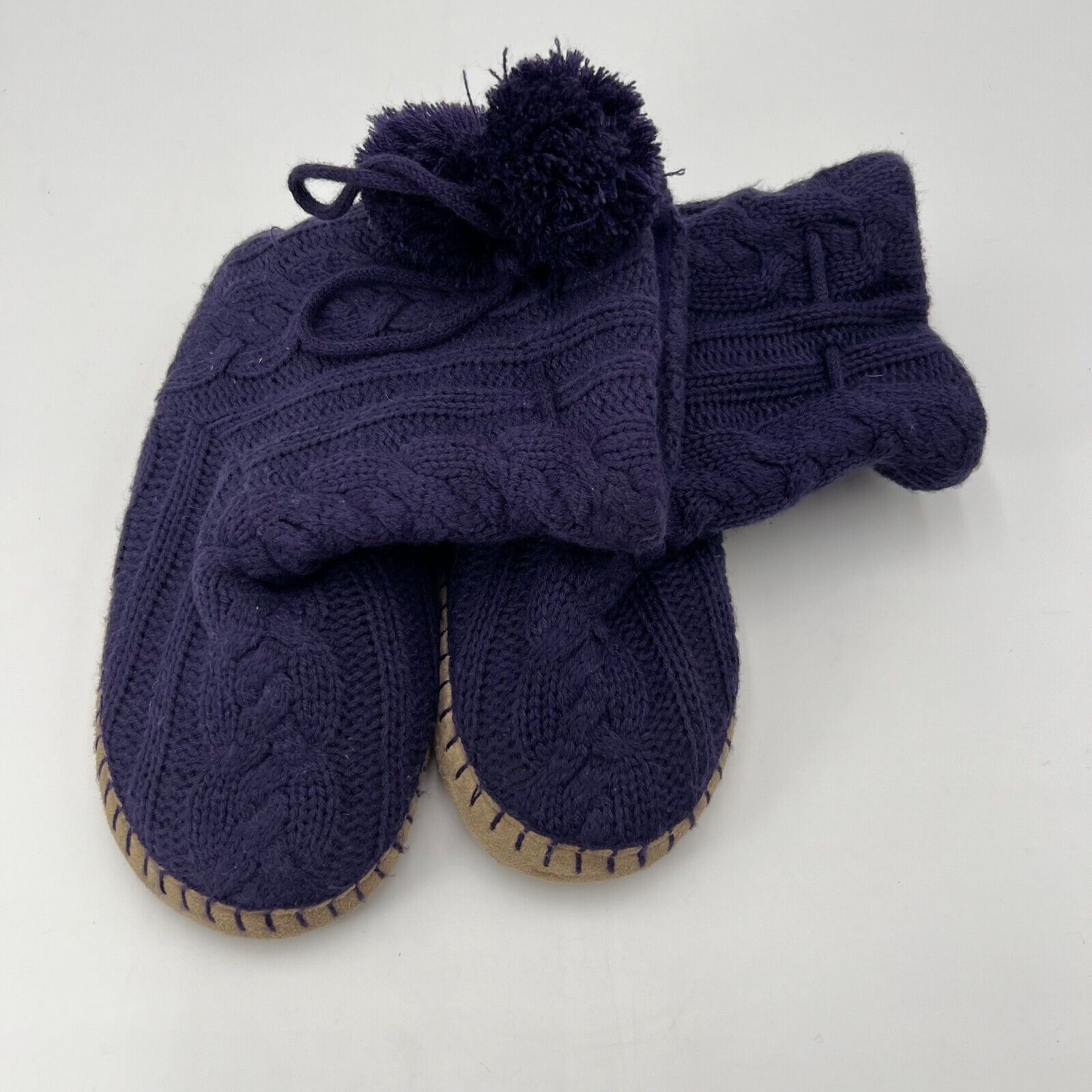 American Eagle Knit Slipper Boots Draw String Purple Puff Ball Womens Size 9-10