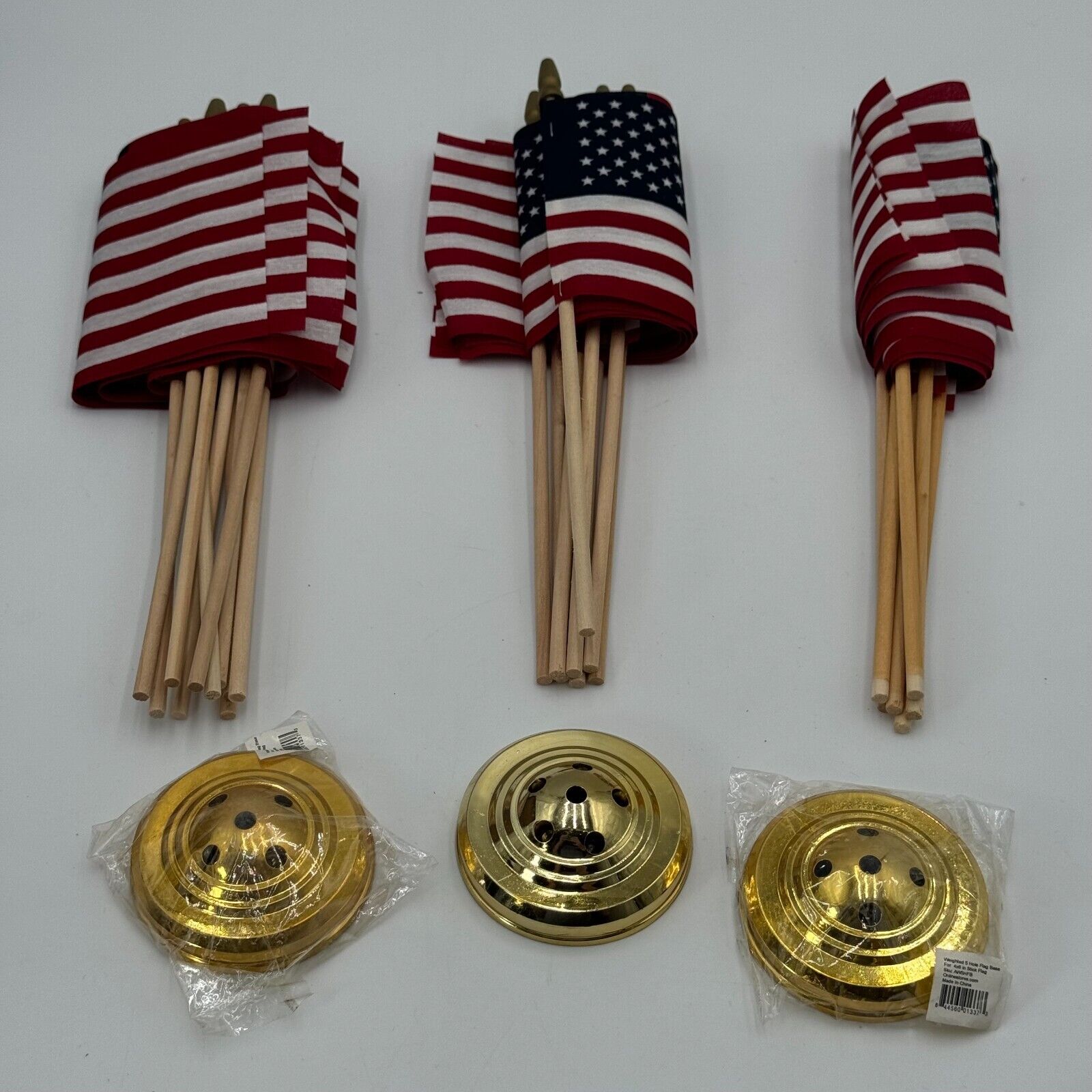 3 Pack 6 Hole Brass Base 4x6 Flag Wood Stick 21 American Flags Patriotic Decor