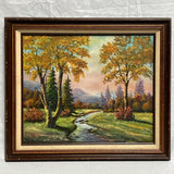 Original C. Gaebe 24x30” Canvas Painting ~ 26x30 Wood Frame Creek Autumn Trees