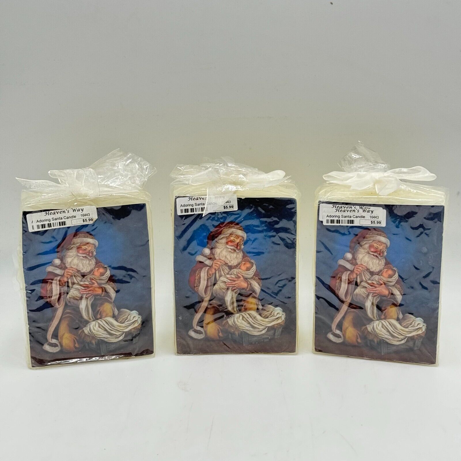 3 Pack 5x3in Freestanding White Wax Candles Printed Picture Santa Jesus Blue New