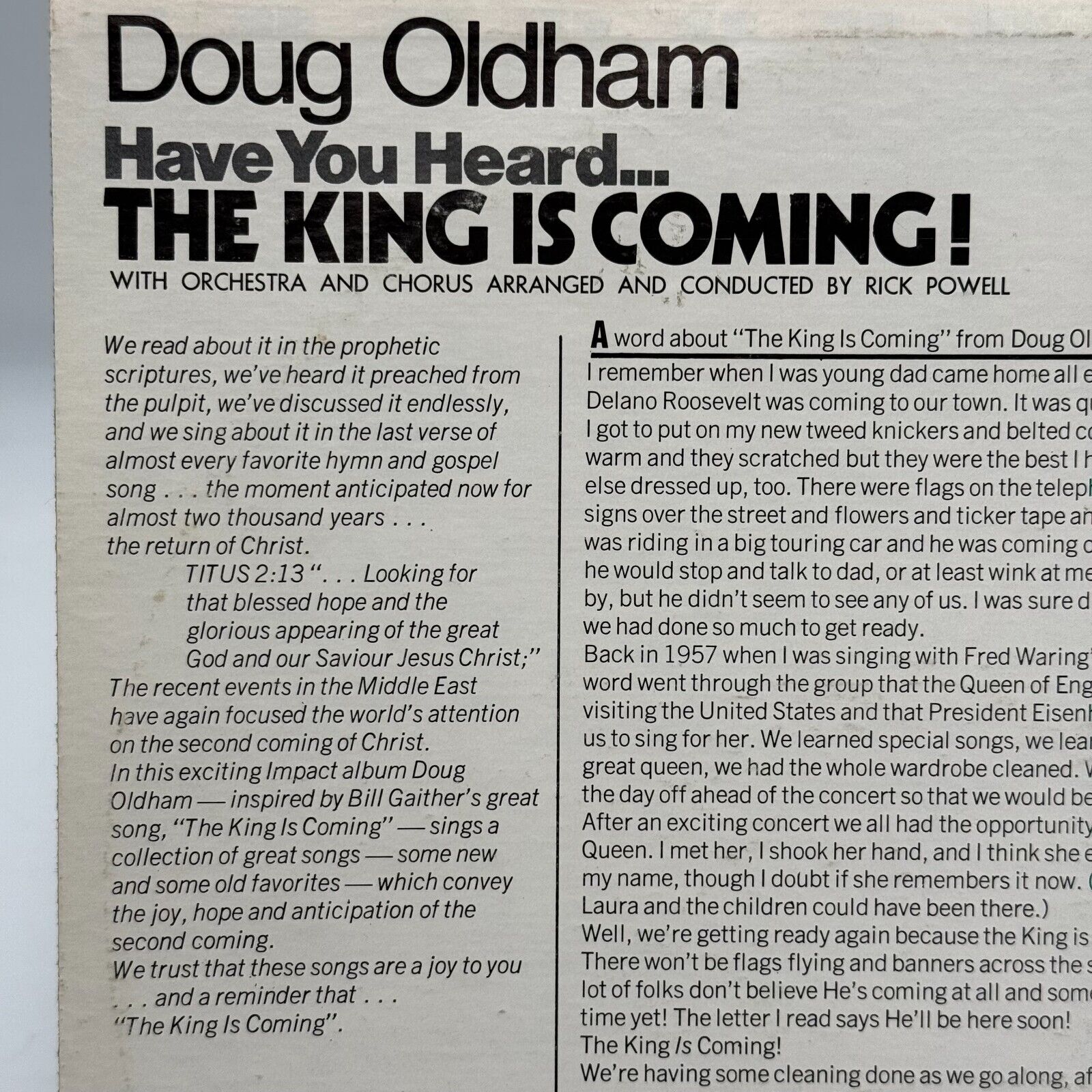 Doug Oldham: Have You Heard.. The King Is Coming HWS 3087 Impact Records, 1971