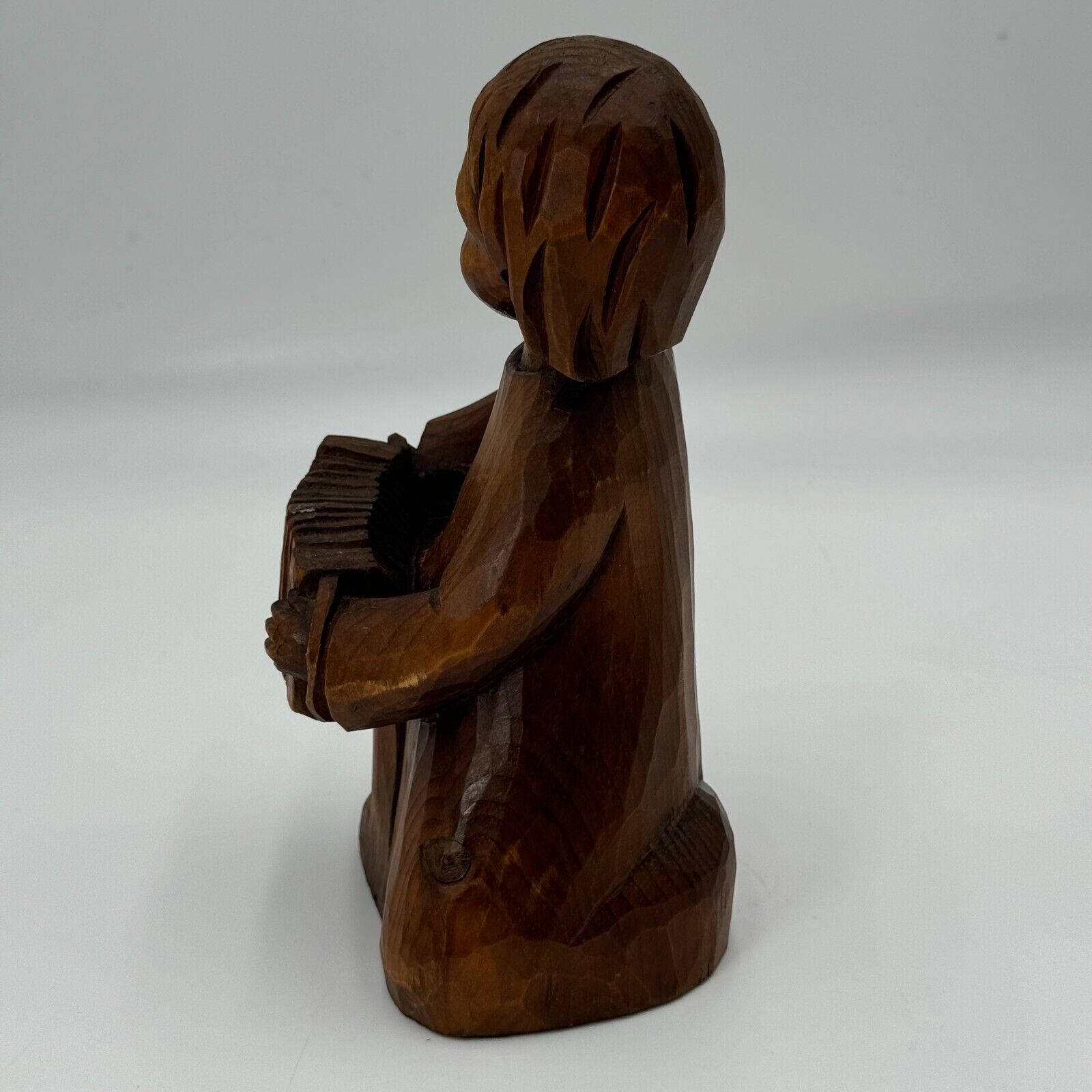 Antique Solid Wood Sculpture Hand Carved Statue Art Boy Playing Accordion Artist