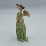 Pair of Angel Figurines 4in Ceramic Stutues Green Dress Pink Flowers Spring