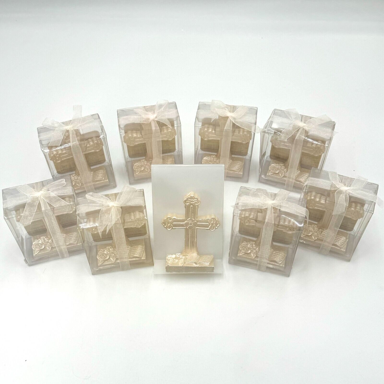 Lot of 9 Cross Shaped Freestanding Candle Almond Scent Cream Tied W/ Ribbon NEW