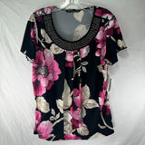 Zac & Rachel Womens Flutter Sleeve Beaded Round Neck Blouse Pink Floral Size L