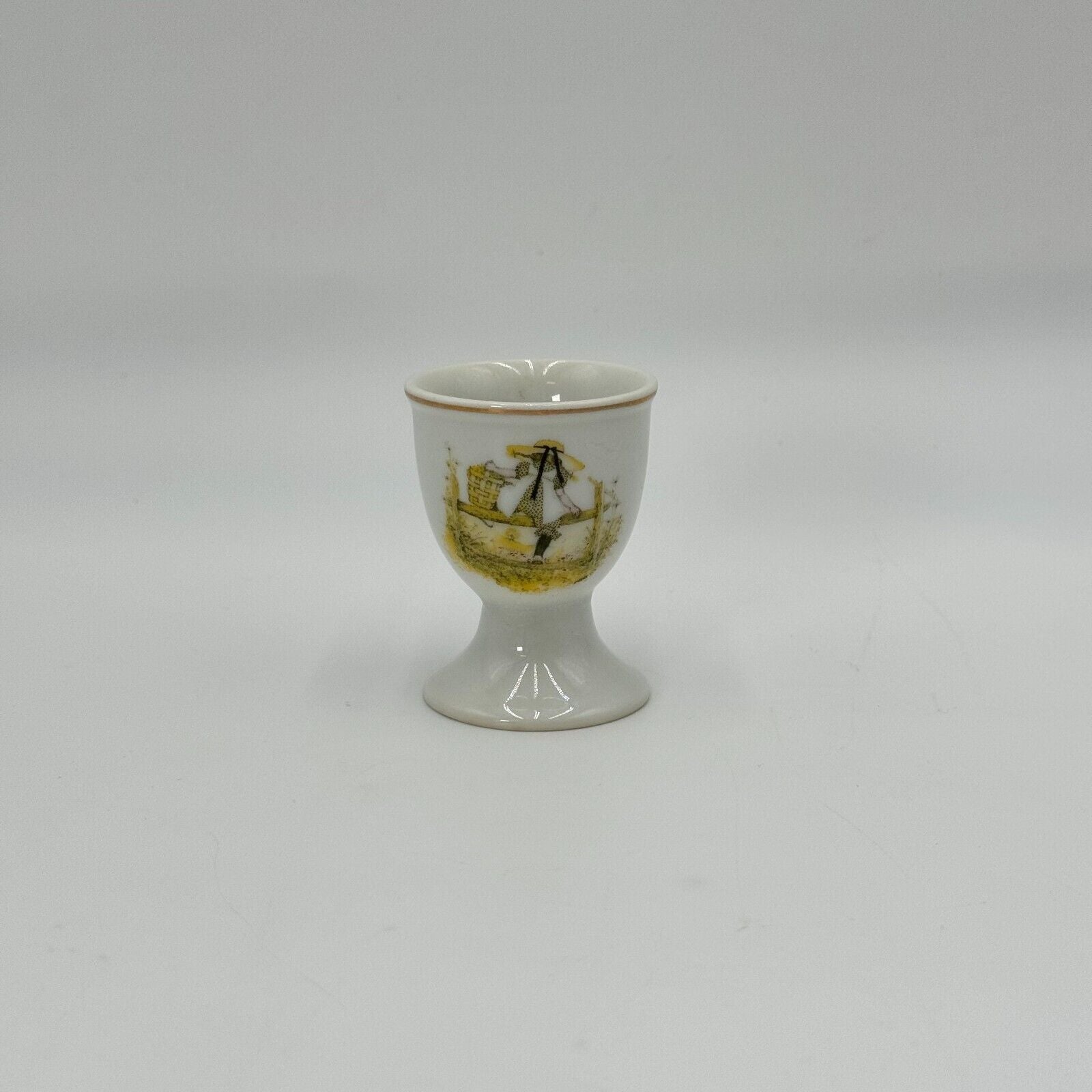 Vintage 1970s Gilded Gold Rimmed Porcelain Holly Hobbie Sitting Egg Cup 2.5” H