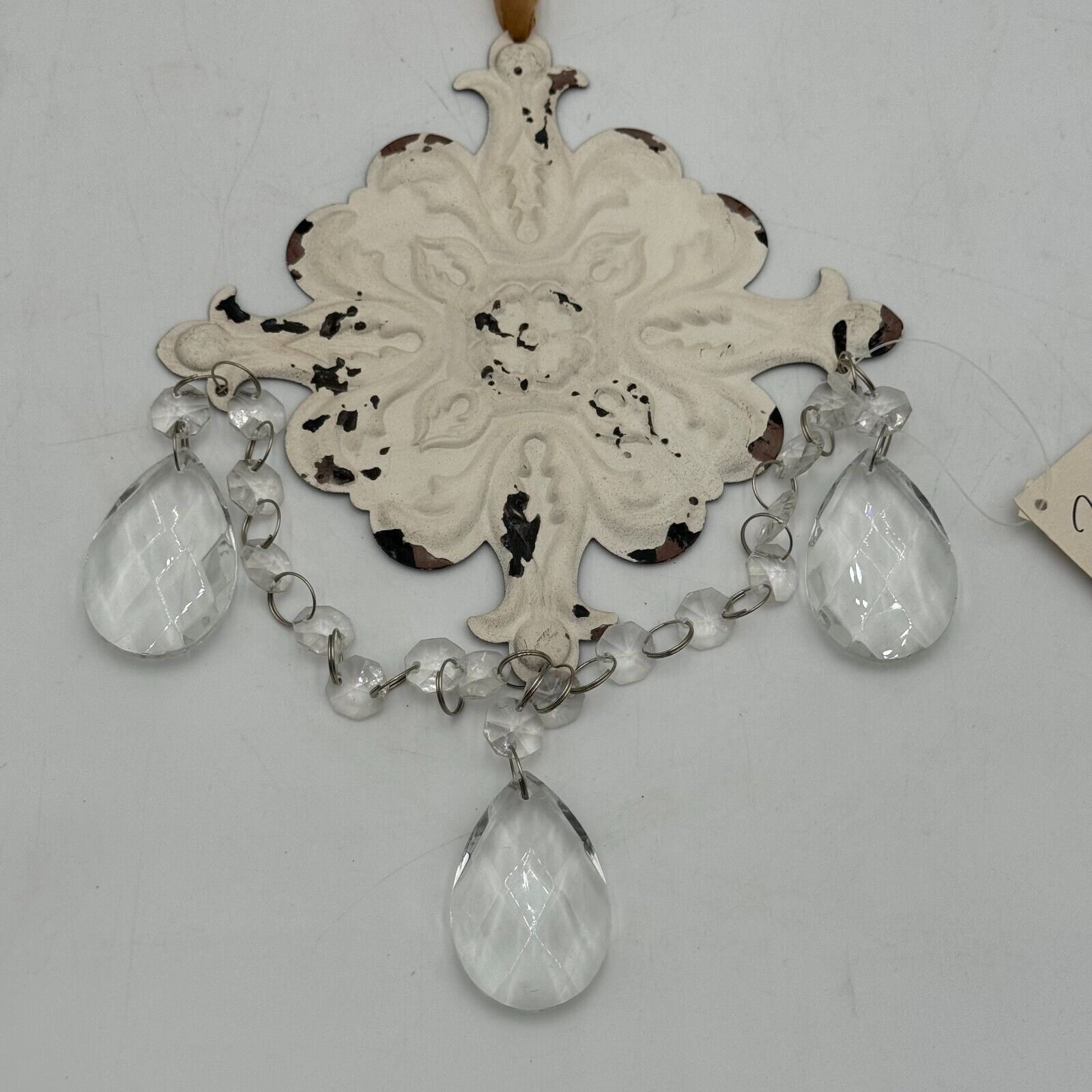 Lot of 3 FRENCH CHATEAU Dangle Ornament Geo White Cream Metal Crystal Christmas