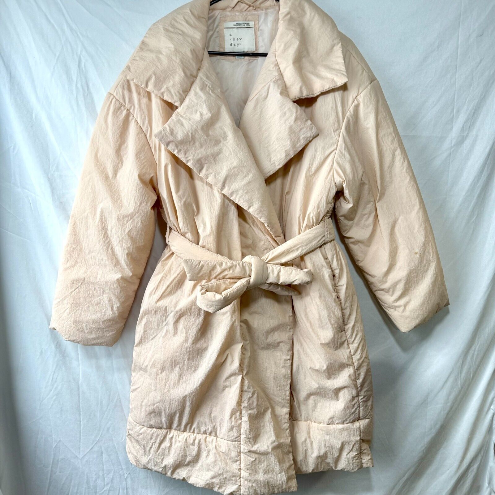 A New Day Womens Water Resistant Puffy Wrap Tie Overcoat Cream Blush Peach Sz M