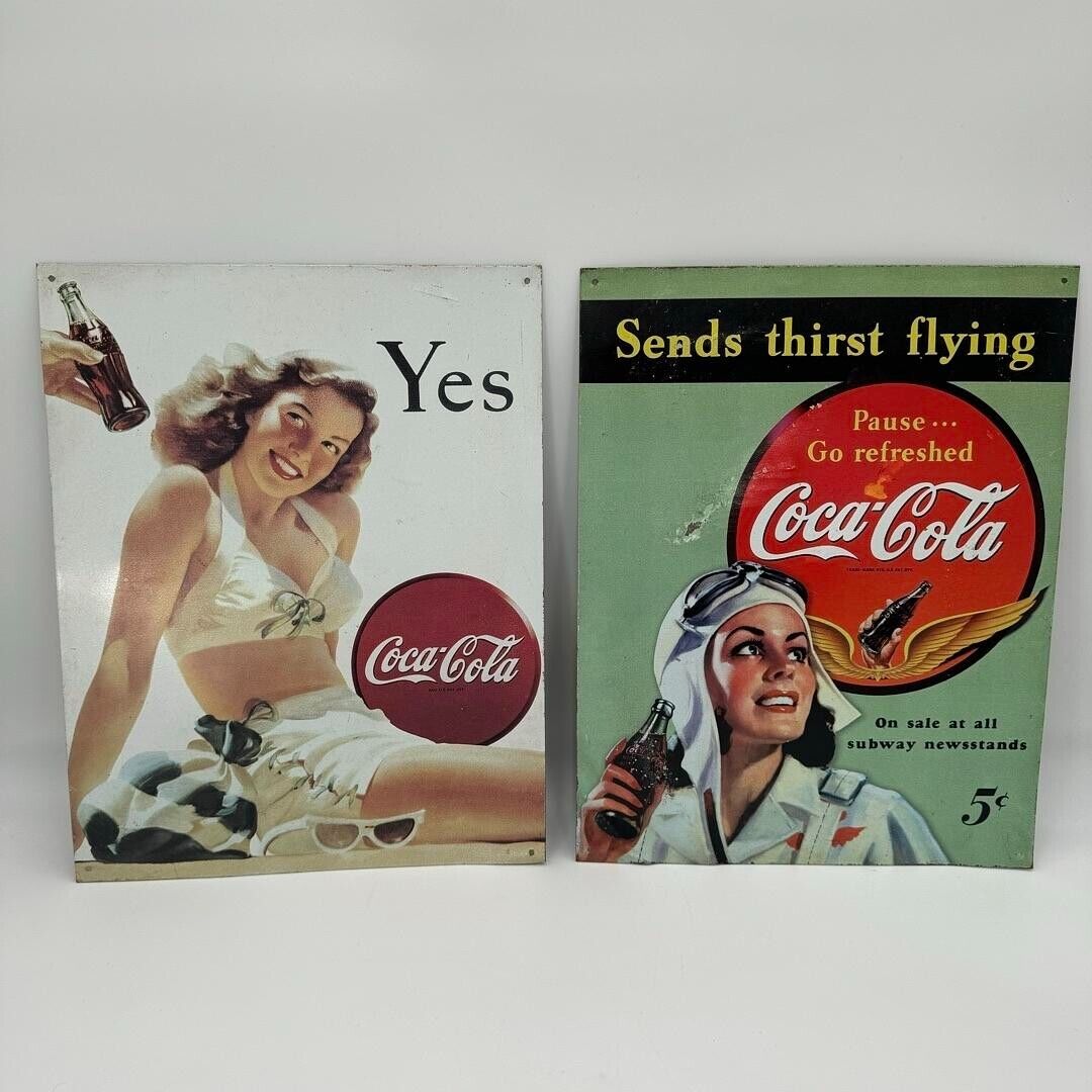 2 Vintage Retro Coca Cola Advertising Tin Metal Signs 12x16” Bikini Flight