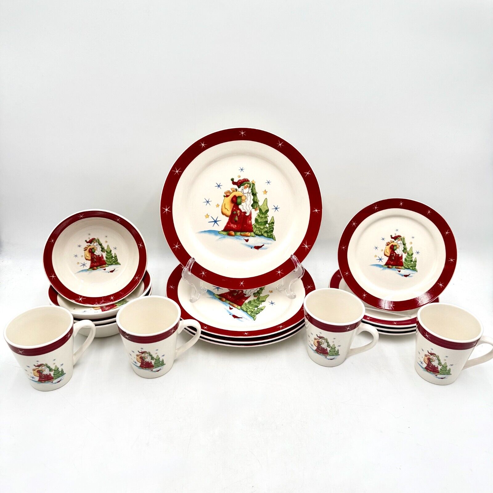 Holiday 16 Piece Dinnerware Set Serves 4 Winter Santa Cups Bowl Plates Christmas