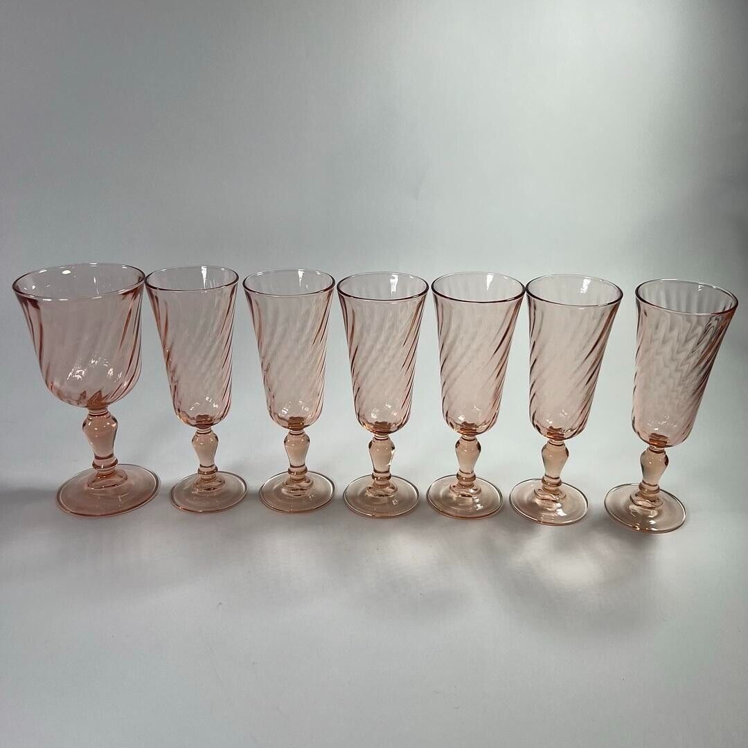 Vintage Rosaline Pink Swirl Champagne Flute France Set of 6 Plus Wine Glass