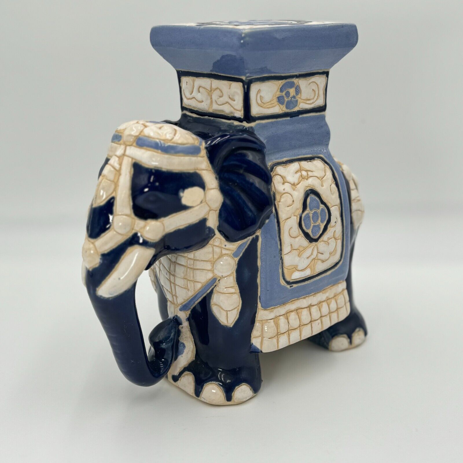 Vintage Chinoiserie Blue Elephant Plant Stand Garden Asian Cultural Art 11"