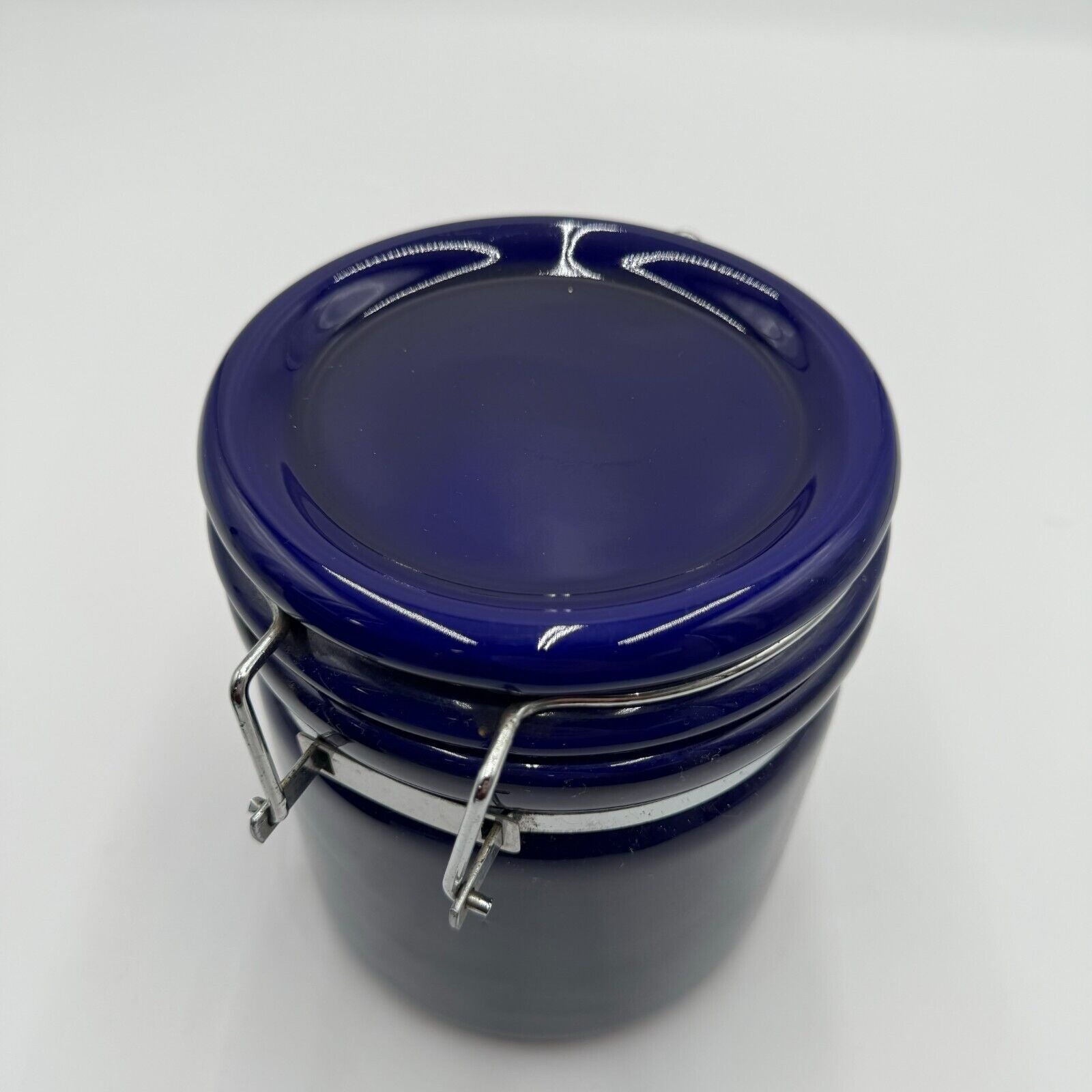 Set of 2 Kitchen Storage Canisters Blue Ceramic Metal Clasp 8” & 6” by 5”