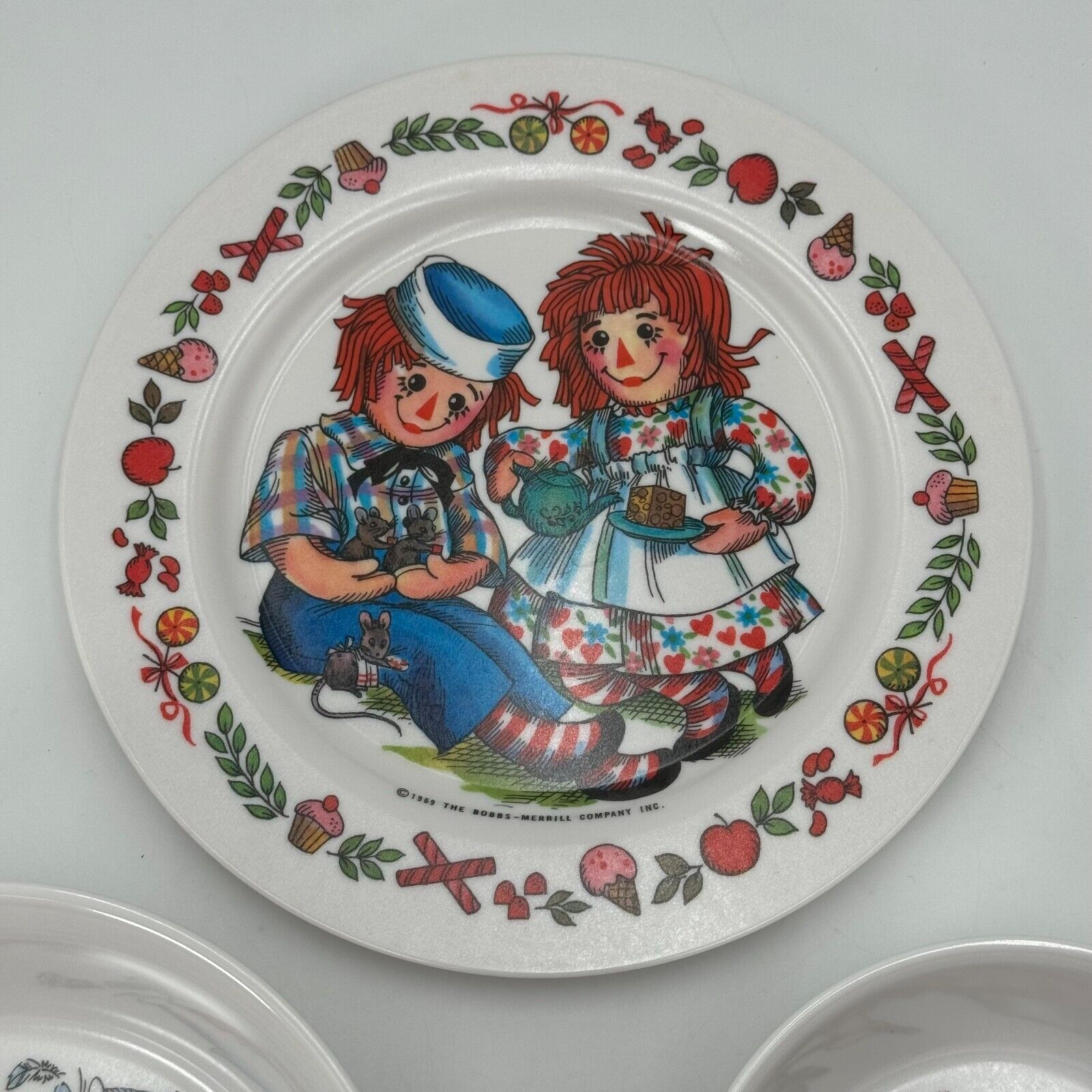 1969 Vintage Raggedy Ann & Andy Dolls Dinner Plate and Bowl Set Bobbs-Merrill