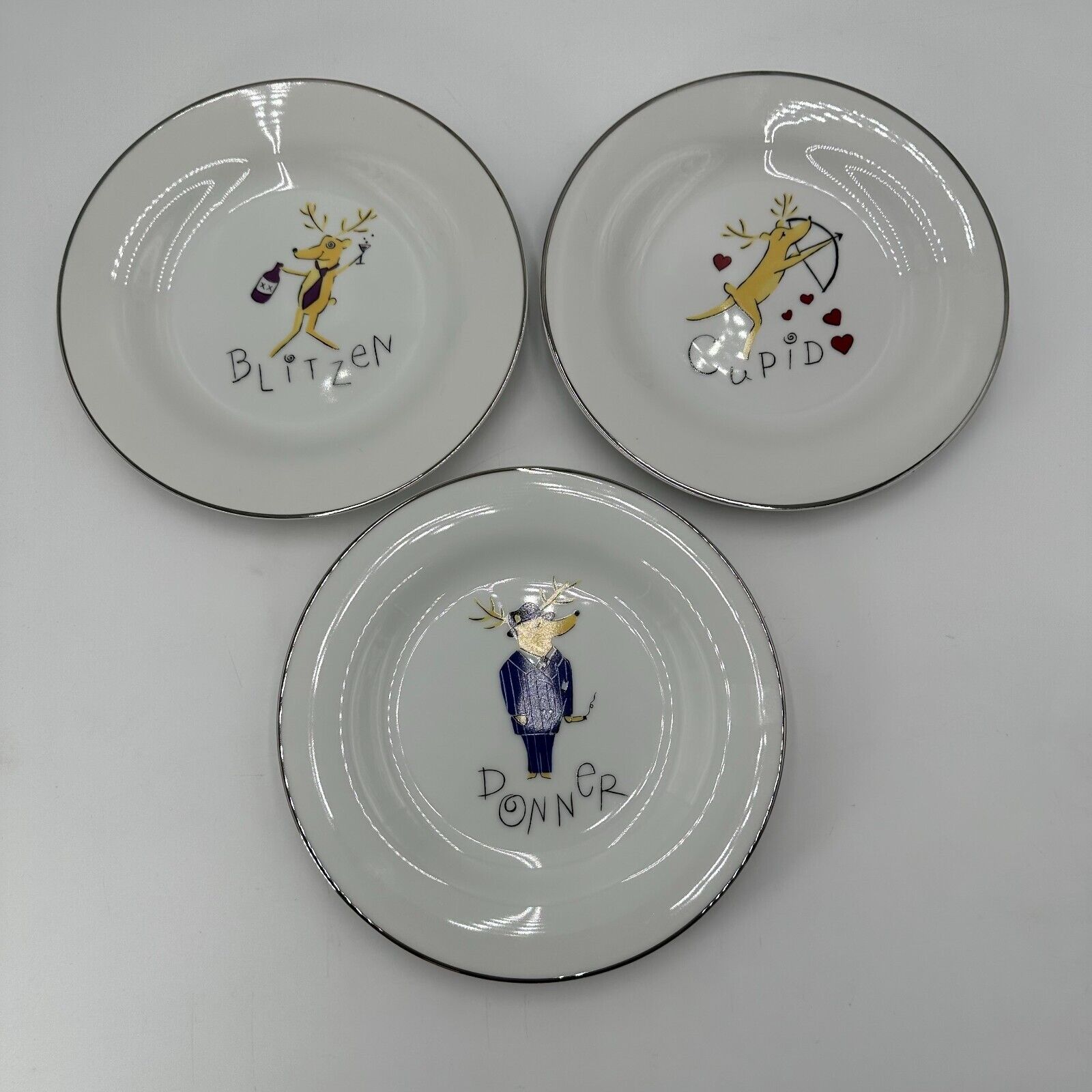 3 Pottery Barn Christmas Reindeer Dessert 8.5" Plates Cupid Donner Blitzen