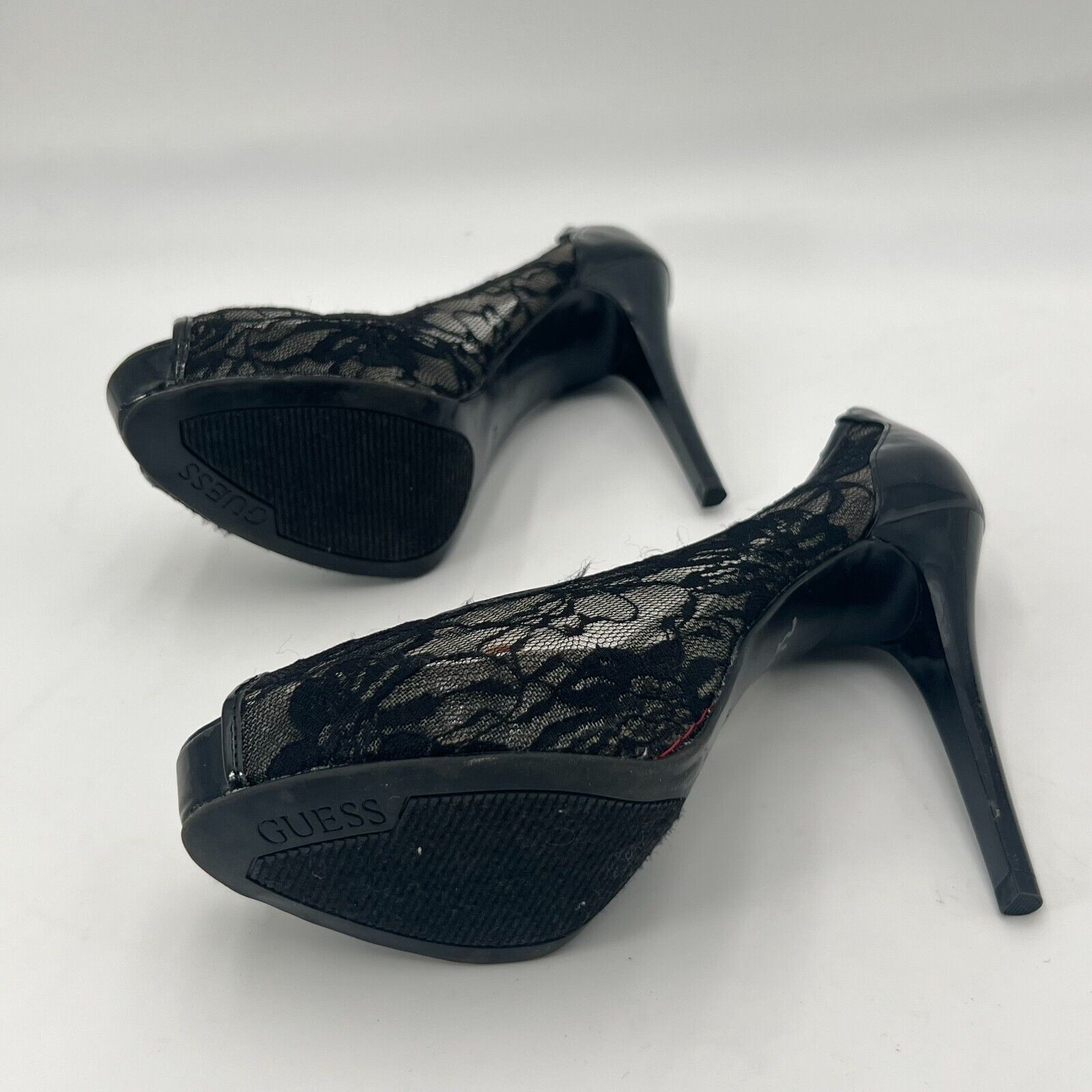 Guess Gaminata Black Lace Faux Patent Leather Peep Toe Platform Stiletto Sz  7.5