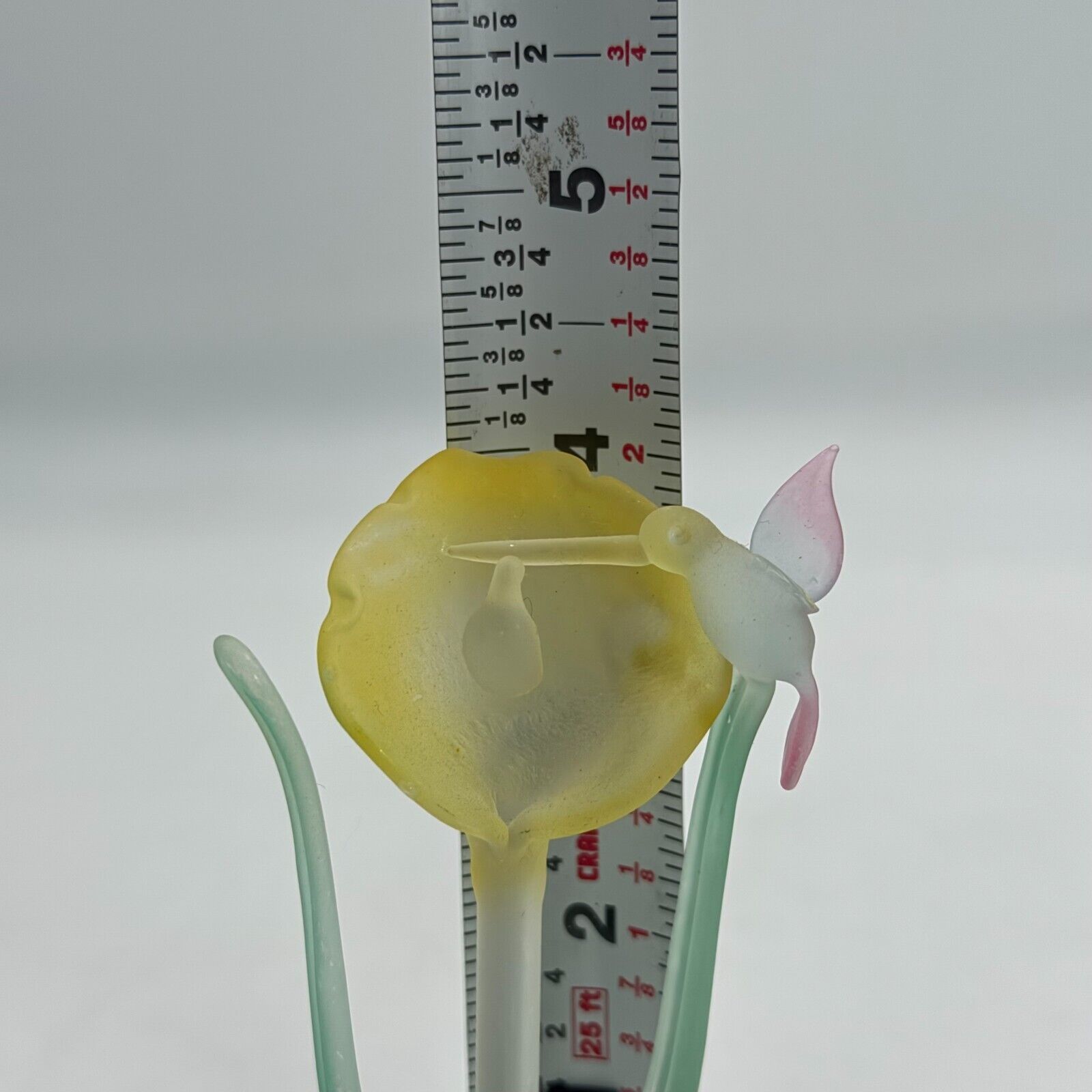 Handcrafted 4in Frosted Glass Sculpture Yellow Flower & Humming Bird Home Decor