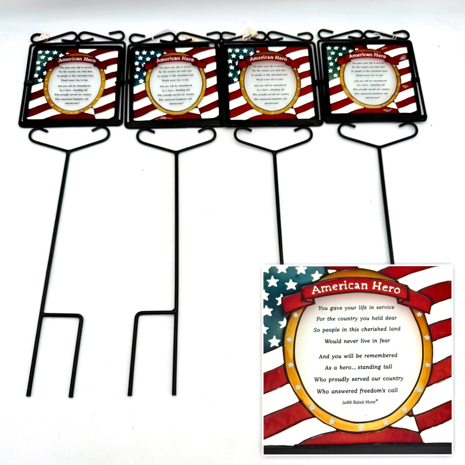 4pk 22in Metal Black Yard Stake Stained Glass Sign American Hero Military