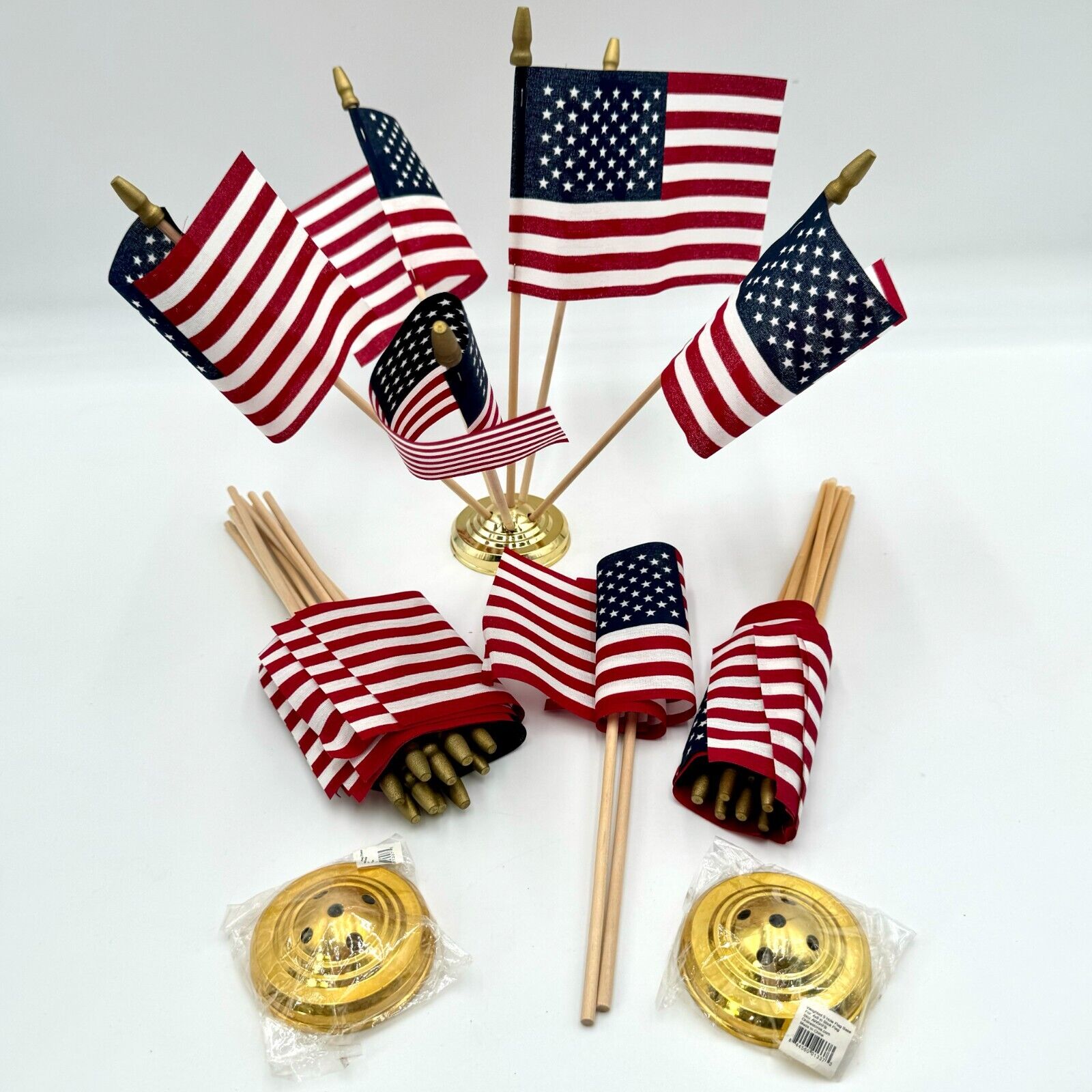 3 Pack 6 Hole Brass Base 4x6 Flag Wood Stick 21 American Flags Patriotic Decor