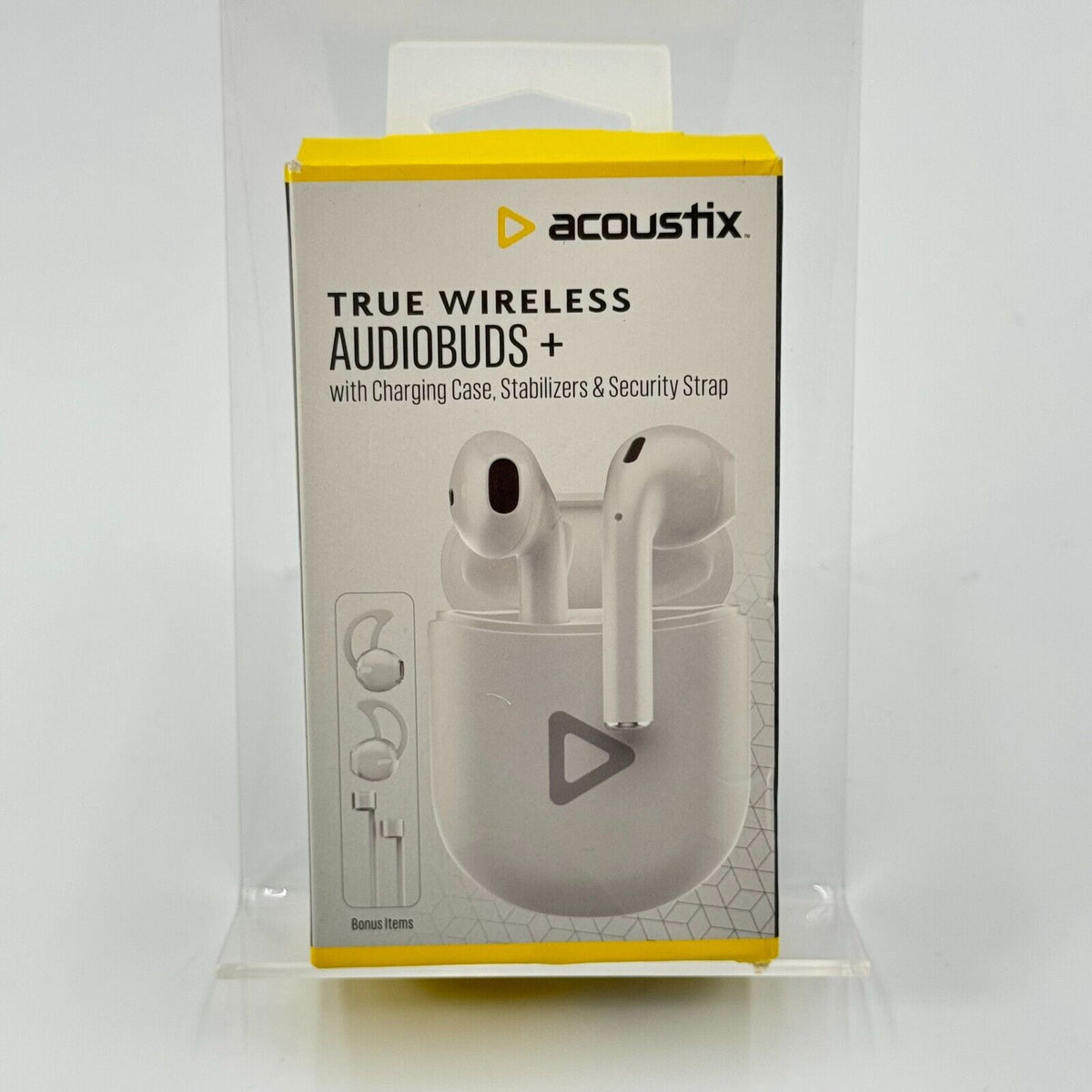 Acoustix True Wireless Audiobuds+ w/ Charging Case, Stabilizes, & Strap - White