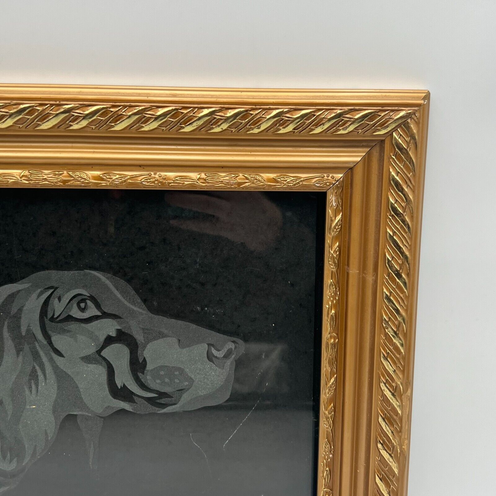 Framed Dog White Etching on Black Matte 11x14 Art Glass Cover Wood Frame ~16x19”