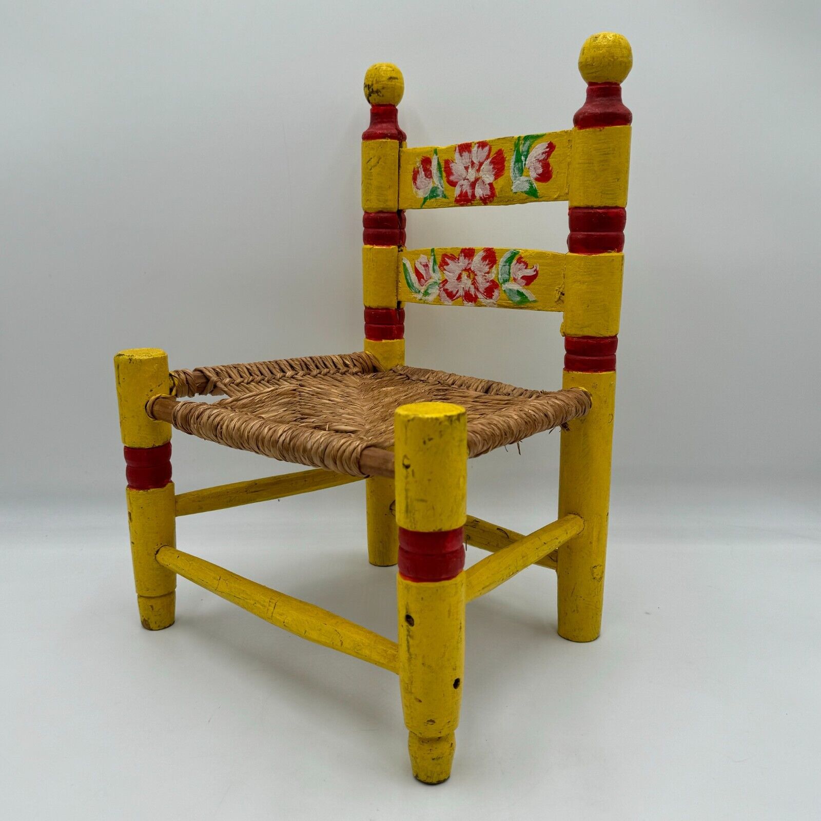 Vintage Hand Painted Child's Chair Mexican Folk Art Wicker Woven Rush Seat Stool