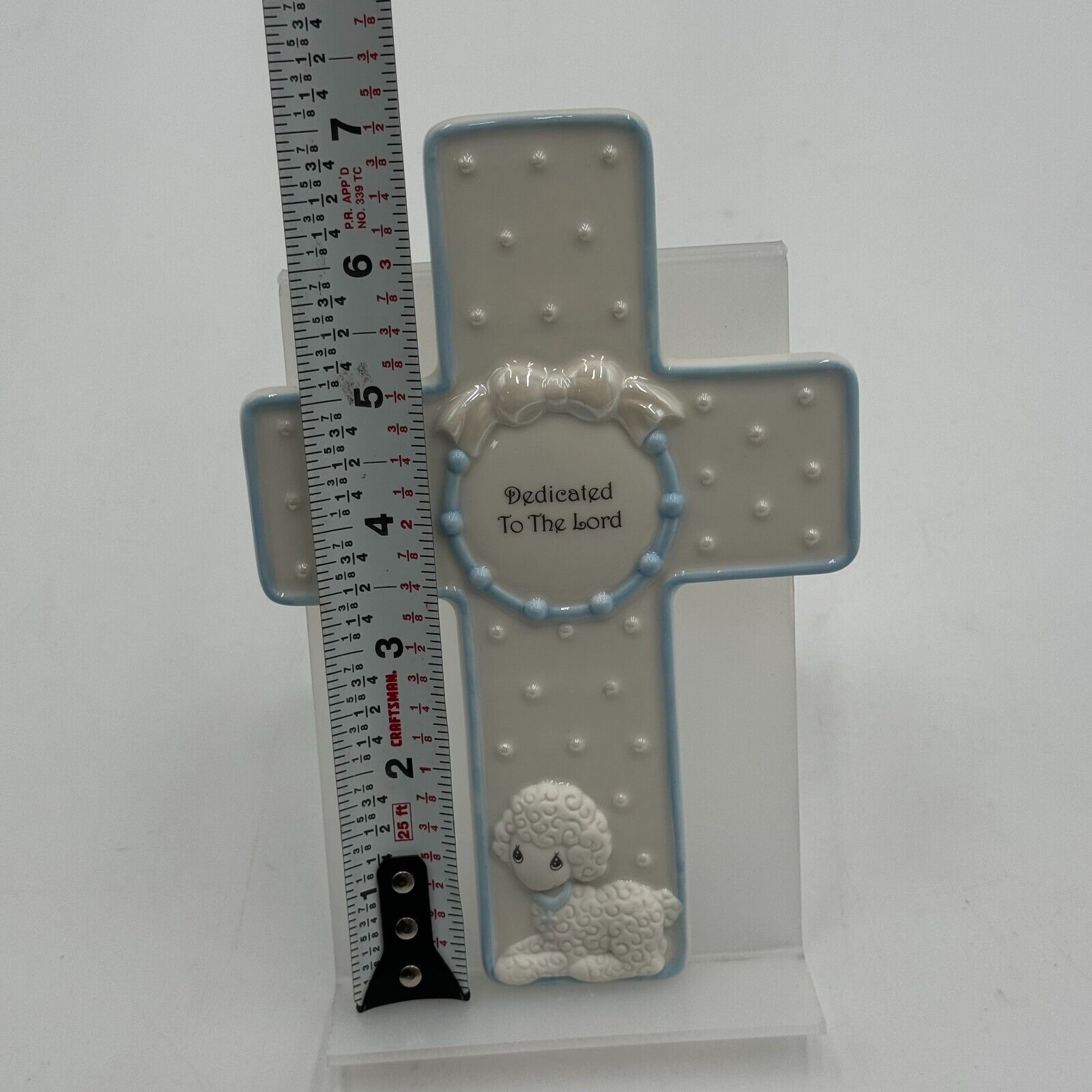 Precious Moments Wall Cross Dedicated Lord White Sheep Baby Blue Back Stand