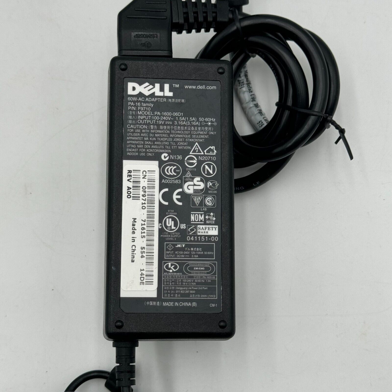 DELL Genuine 60W PA-16 ADAPTER F9710 PA-1600-06D1 PA-1600-06D2 TD231 OEM YELLOW