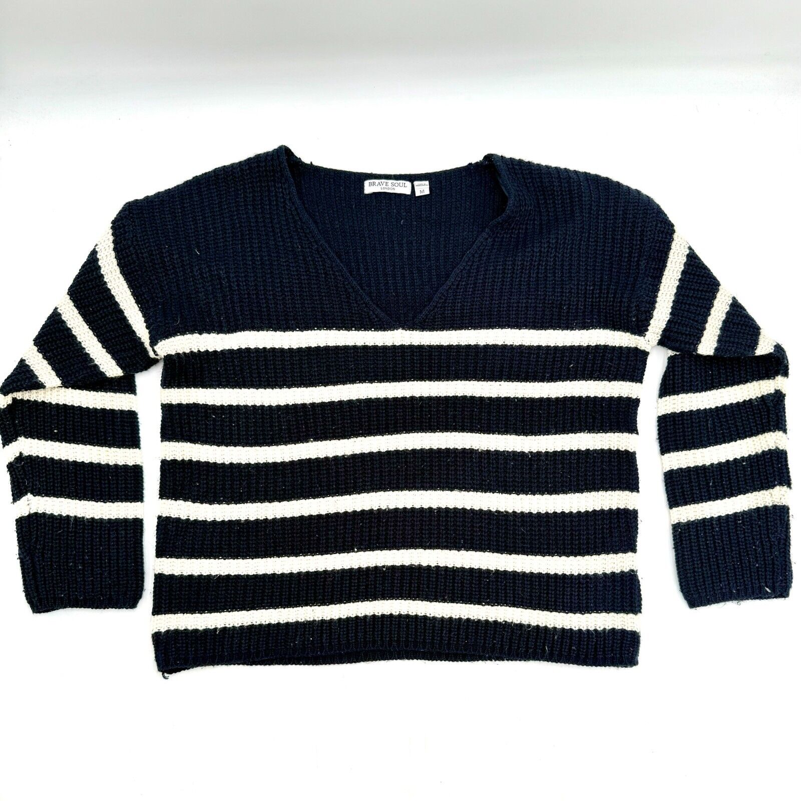 Brave Soul London Knit Pullover Sweater Navy Blue White Stripes Womens Size M