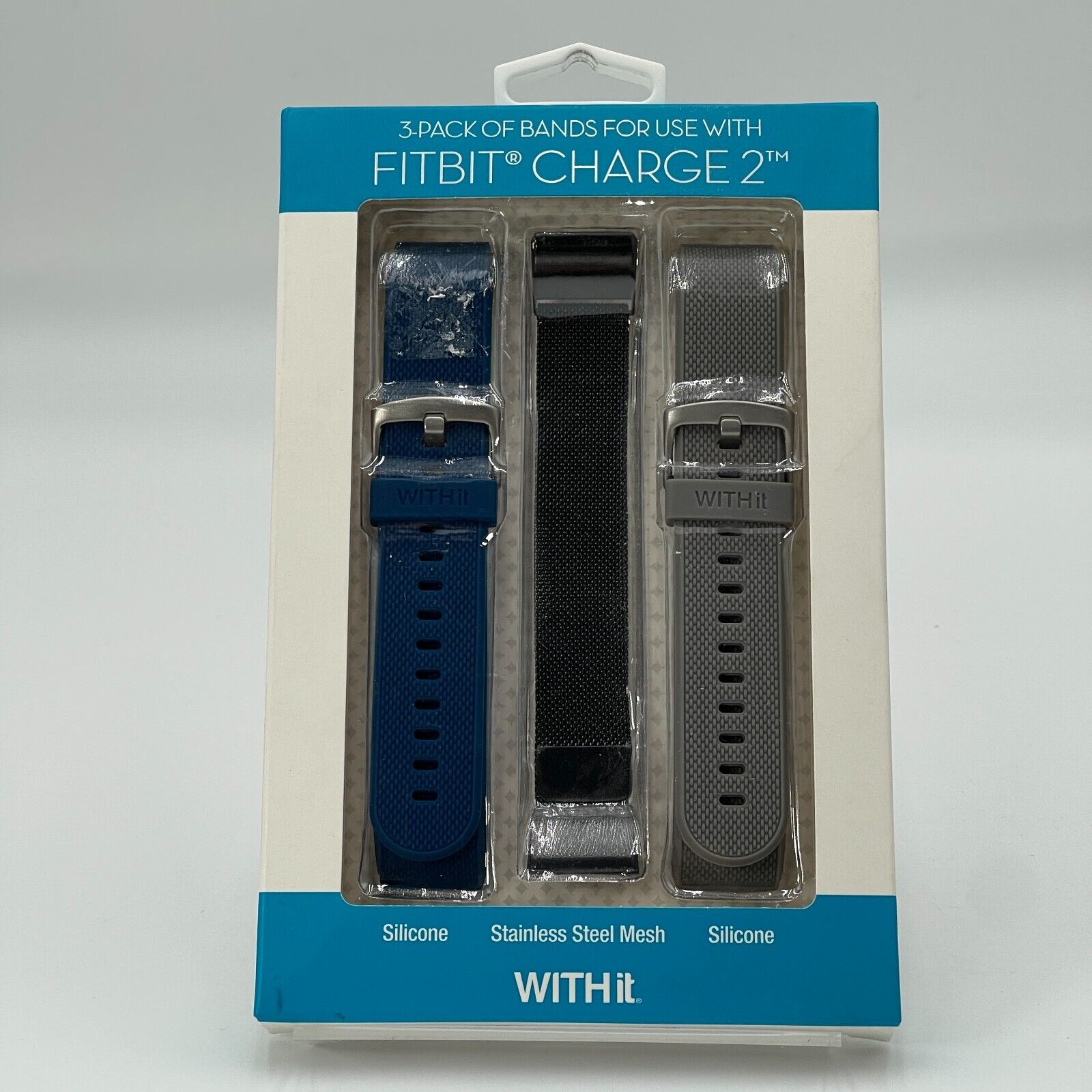 WITHit 3 Pack Band Replacement For FitBit Charge 2 Blue Grey Black