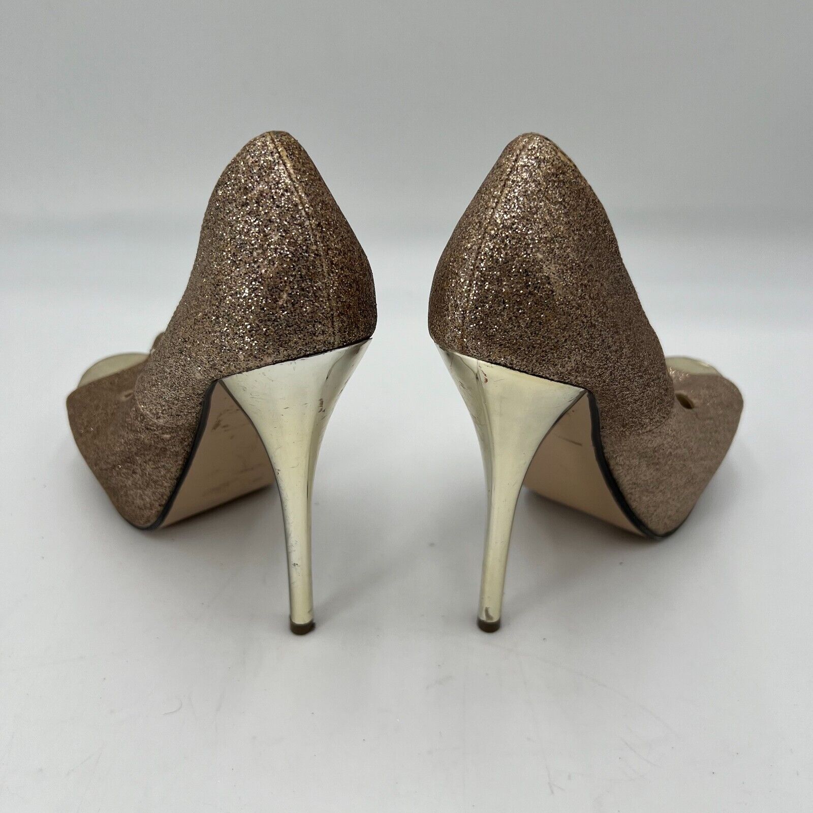 D brand Heart Gold Glitter Open Toe Pumps 5.5 inch Stiletto Heel Womens Size 8