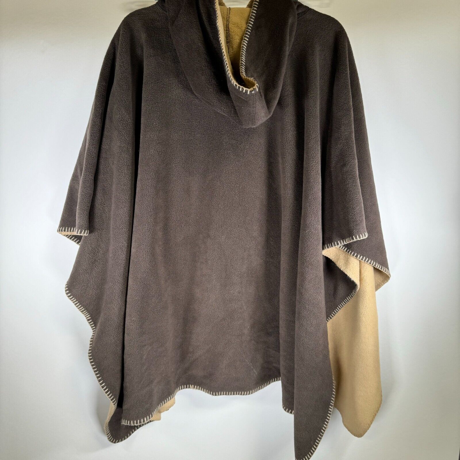 Fleece Poncho Unisex One Size 45W x 30L Brown Tan Pull over Hooded Soft Warm