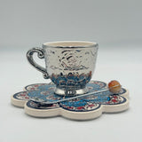 3pc Set Decorative Turkish Ceramic 7" Trivet Silver Teacup & Agate Spoon