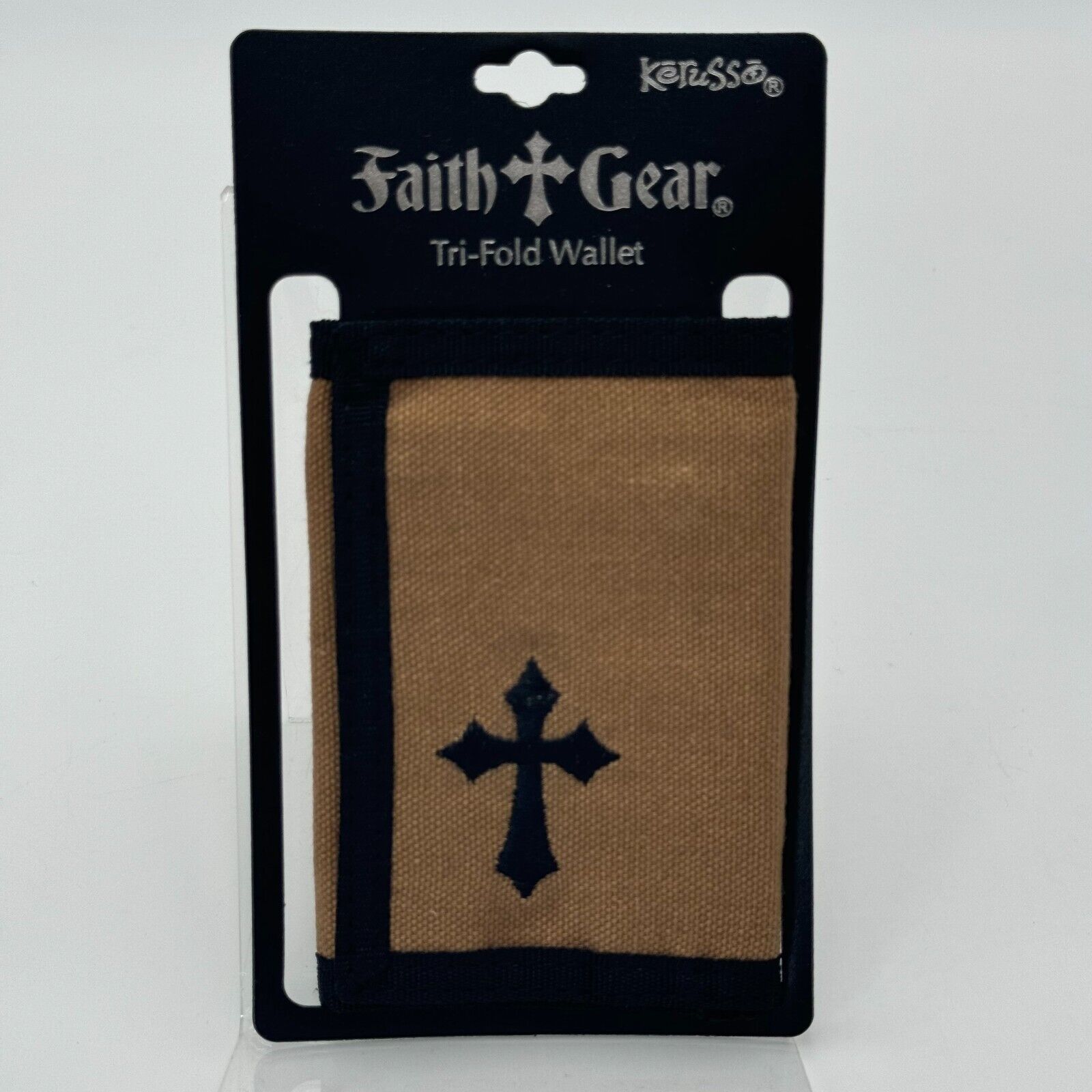 Kerusso Faith Gear Tri Fold Wallet Tan Brown Fabric Black Cross Christian NWT