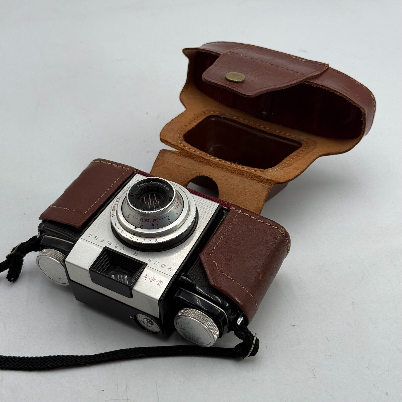 Kodak Pony II Film Camera with Anastar 44mm f3.9 Lens + Brown Leather Case VTG