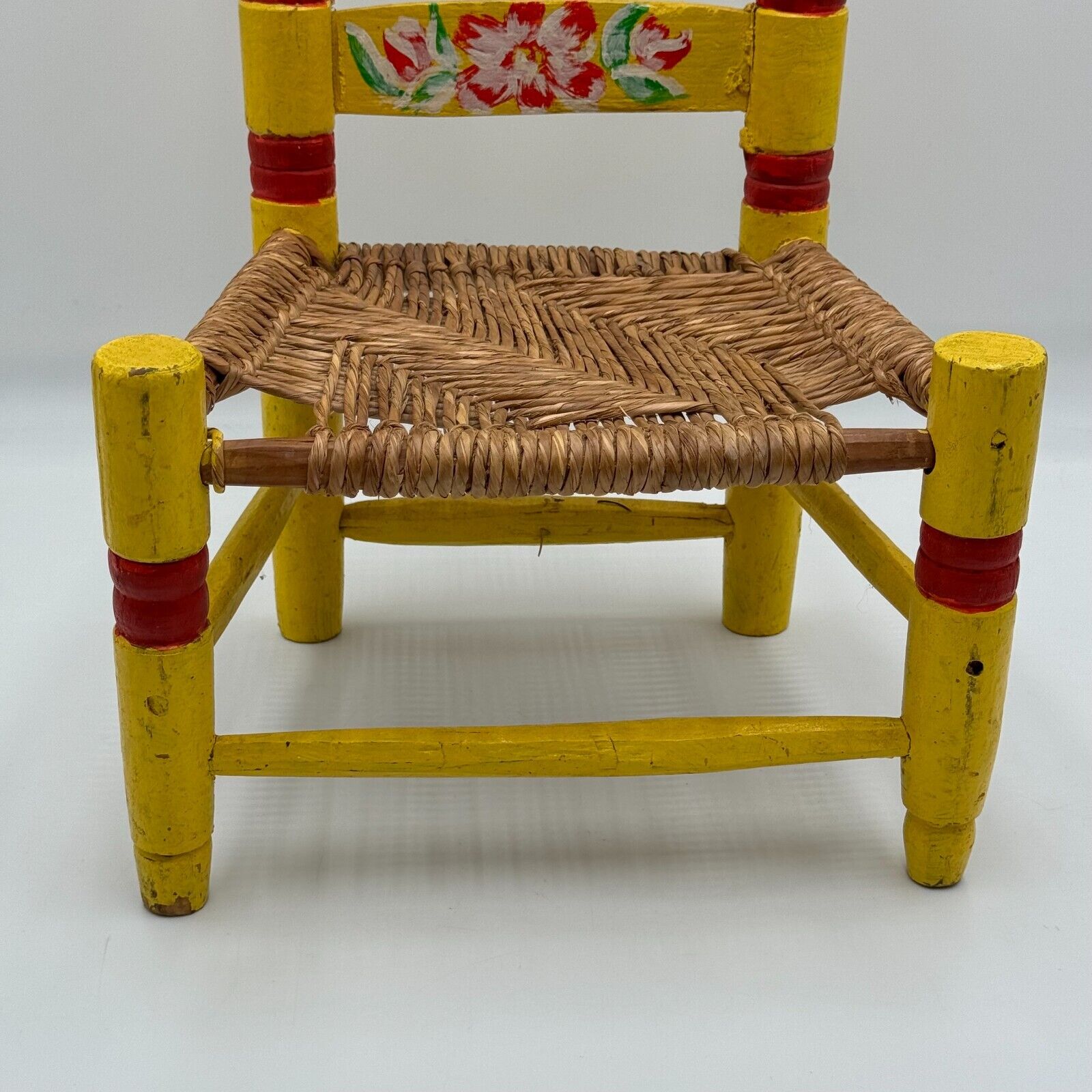 Vintage Hand Painted Child's Chair Mexican Folk Art Wicker Woven Rush Seat Stool