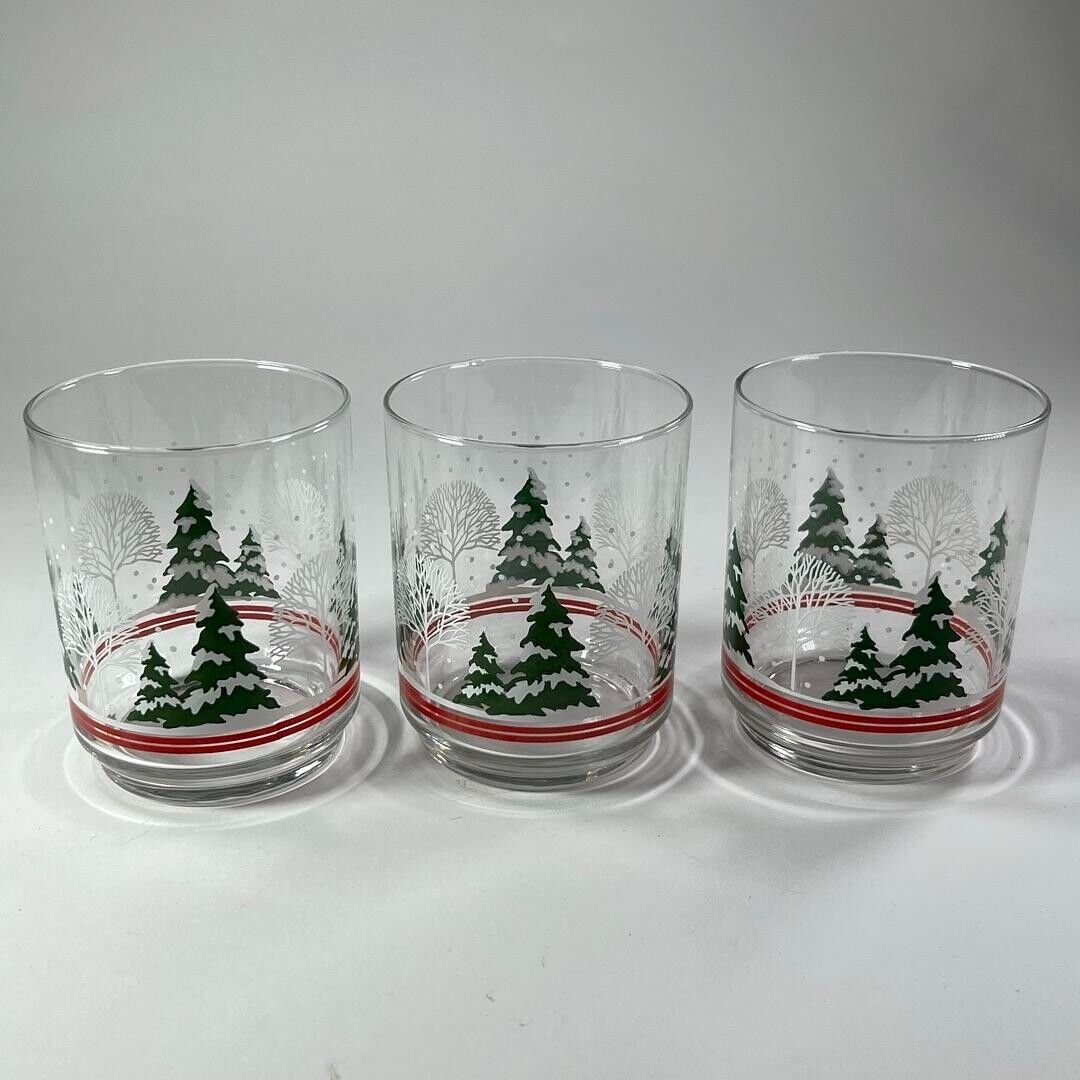 Libbey "Snowy Pines" Rocks Whiskey Glasses Christmas Tree Green Highball Set 3pc