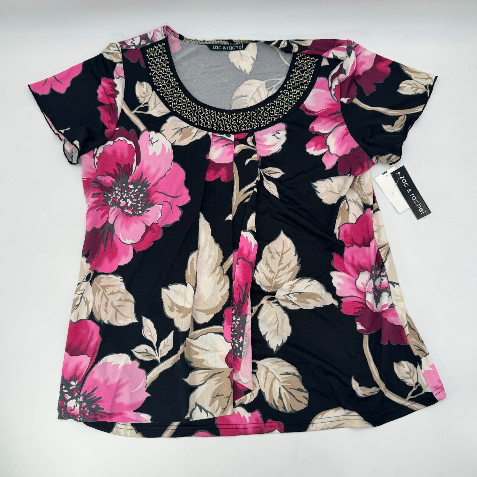 Zac & Rachel Flutter Sleeve Beaded Neck Black Pink Floral Womens Size L NWT