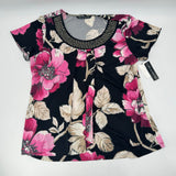 Zac & Rachel Flutter Sleeve Beaded Neck Black Pink Floral Womens Size L NWT