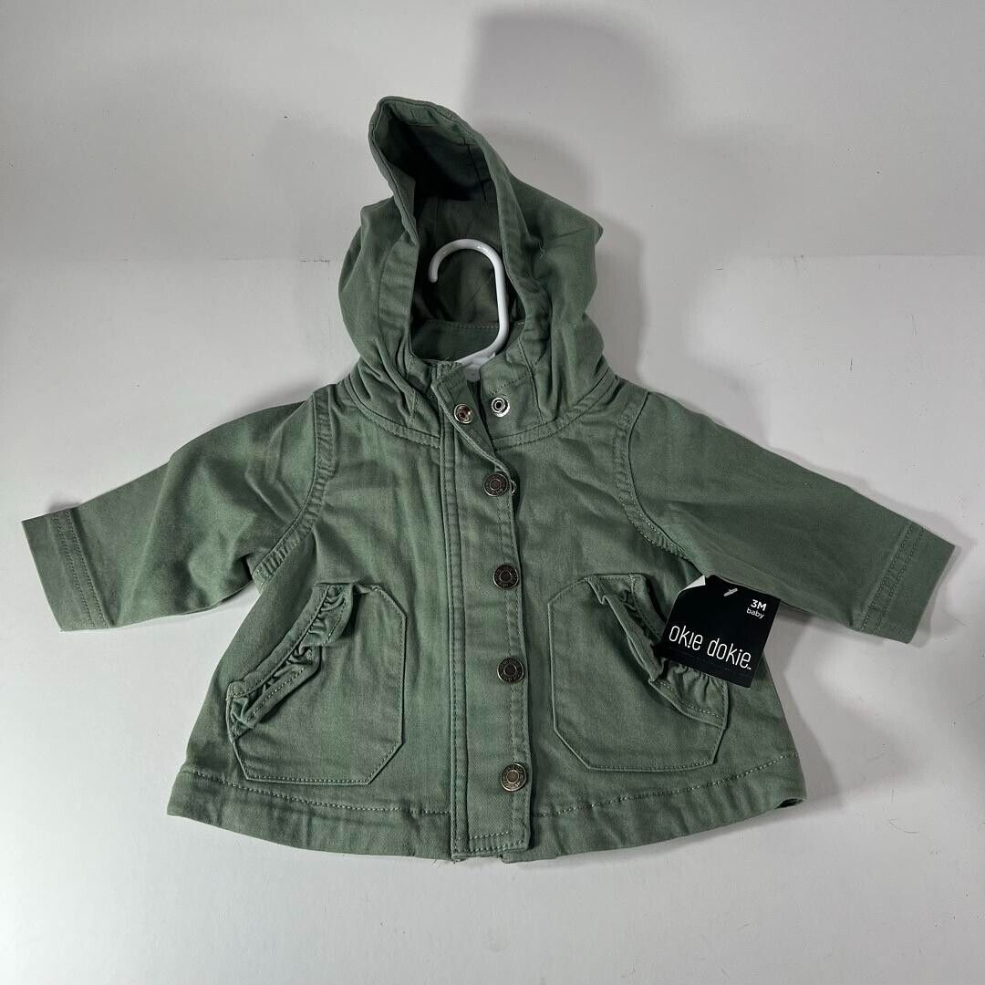 Okie Dokie Baby Jacket Willow Green Denim Button Up Hoodie Pockets 3M - NWT