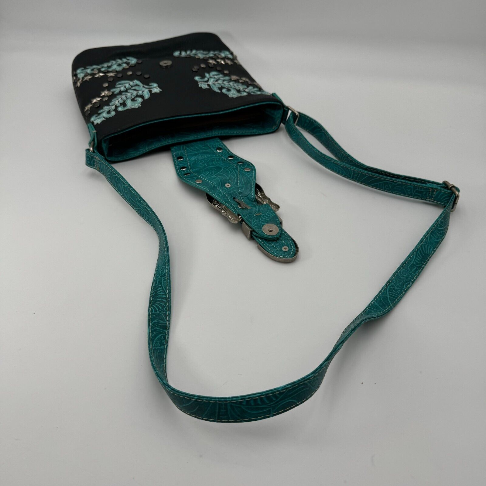 Western Style Purse Handbag Shoulder Strap Buckle Zipper Pockets Turquoise