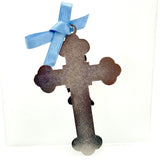 Sacred Traditions Blue Bow Pearlized Enamel Cross Child Praying Pewter Silver 3"