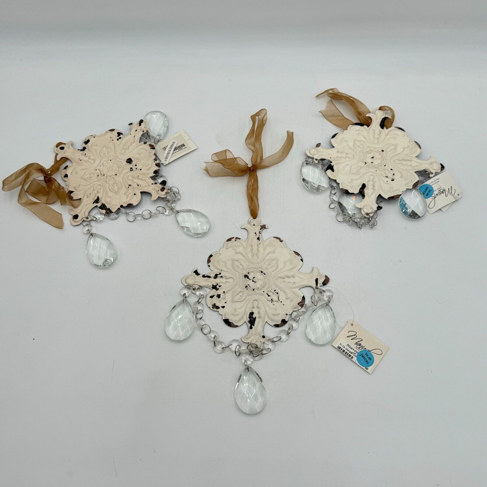 Lot of 3 FRENCH CHATEAU Dangle Ornament Geo White Cream Metal Crystal Christmas