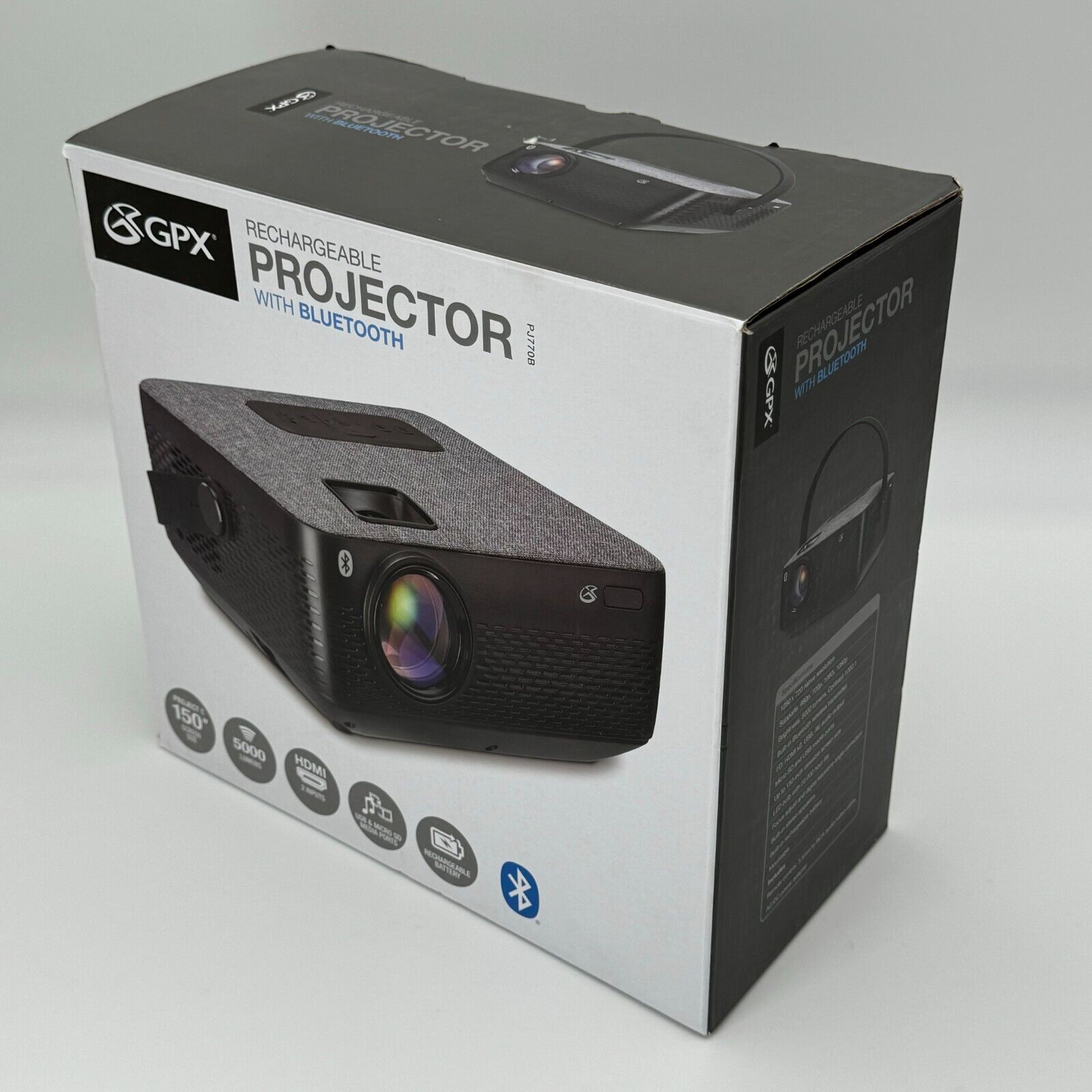 GPX Rechargeable Projector with BT, HDMI, USB and Micro SD Media Ports (PJ770B)