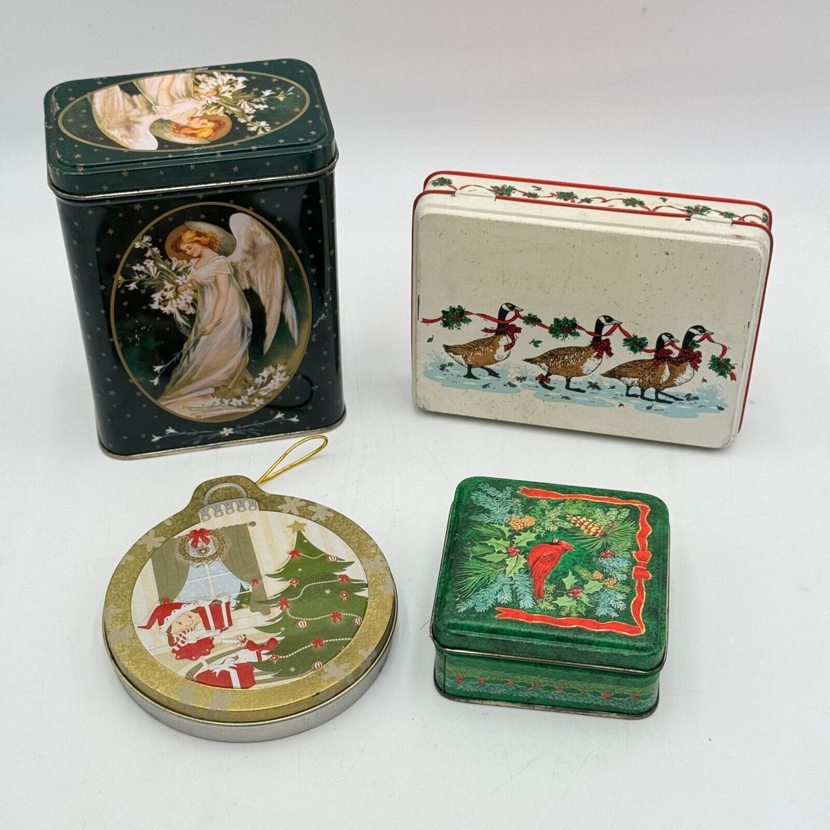 Lot of 4 Holiday Tins Decorative Christmas Tree Geese Angel Cardinal Ornament