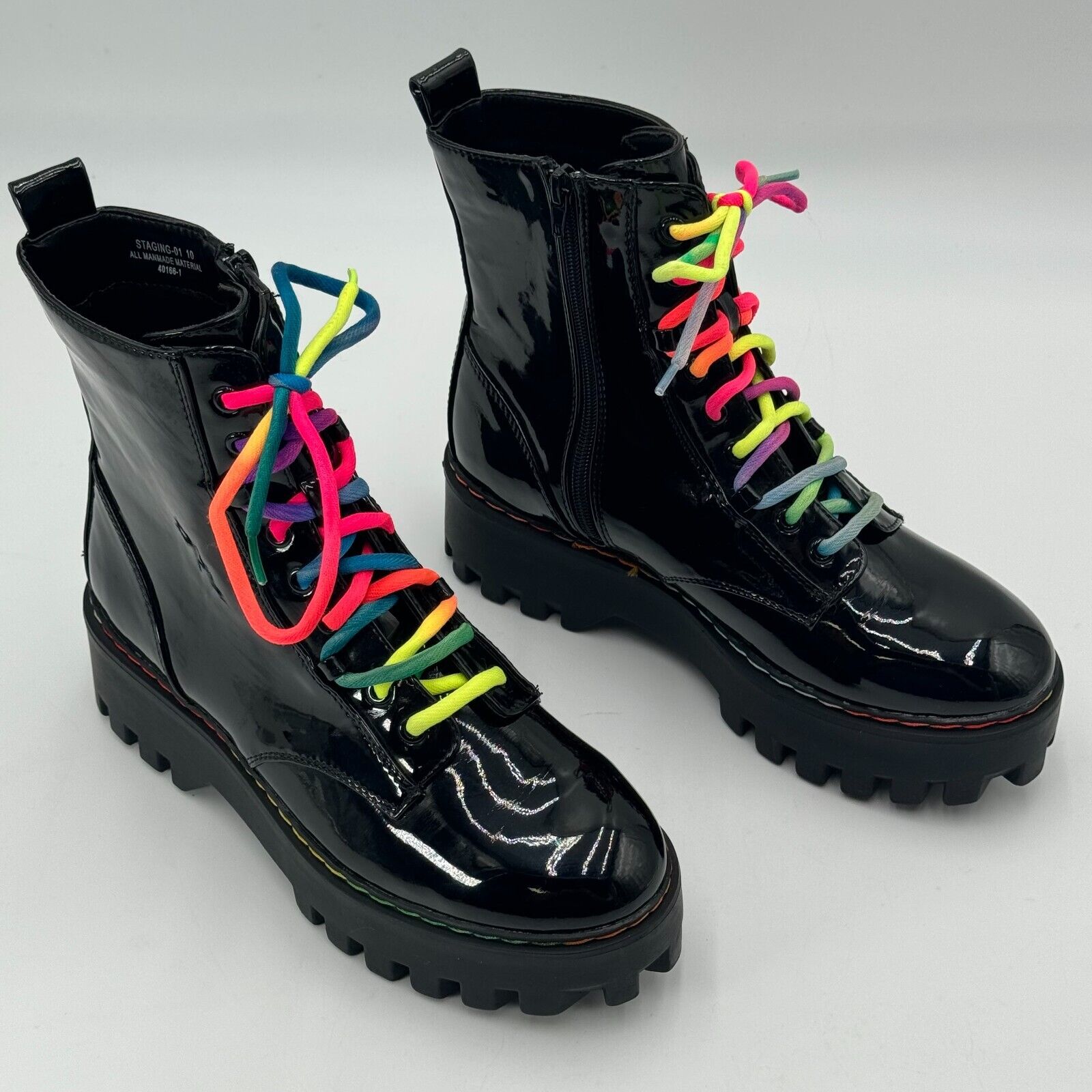 Bamboo Platform Combat Boots Glossy Black Leather Rainbow Women's Size 10 US