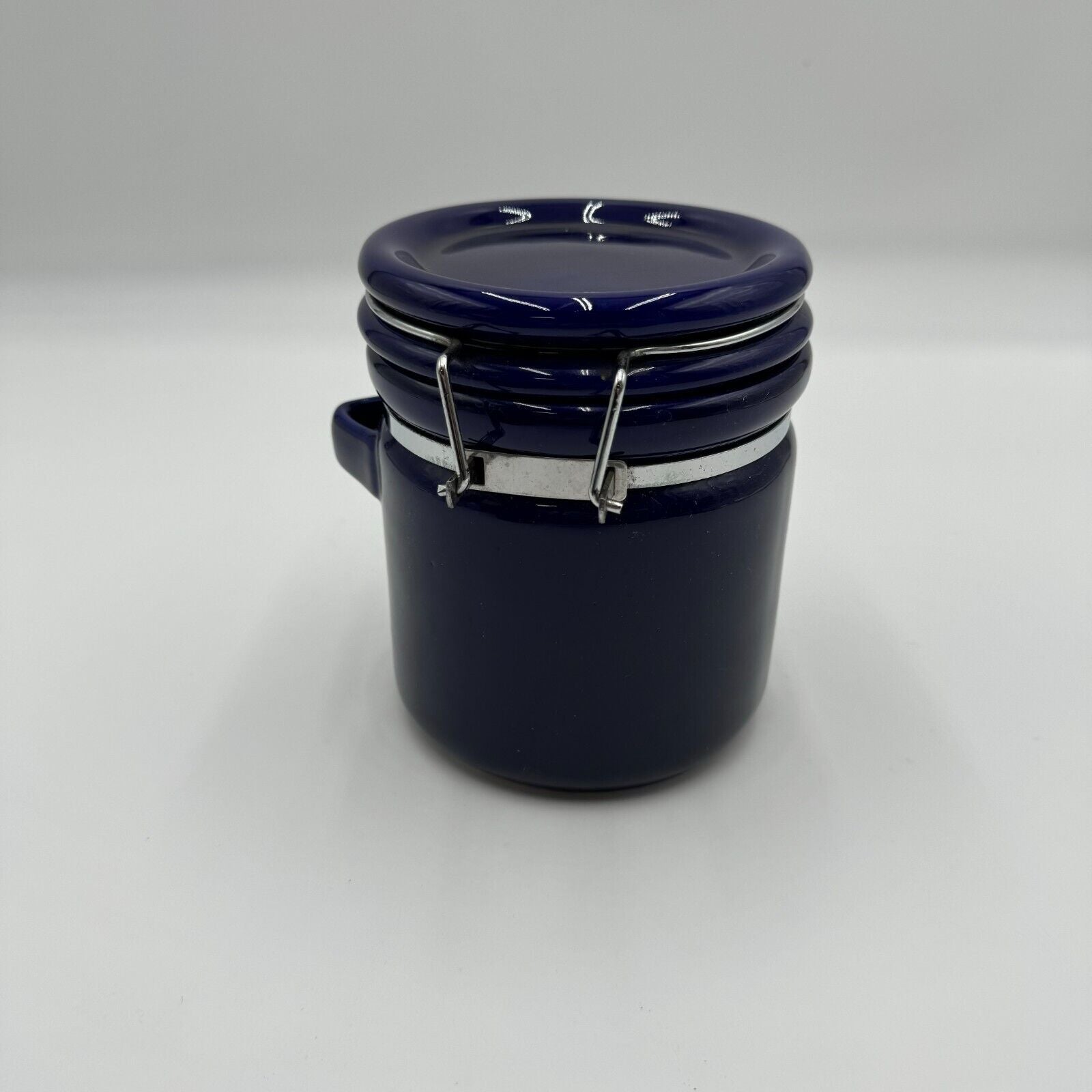 Set of 2 Kitchen Storage Canisters Blue Ceramic Metal Clasp 8” & 6” by 5”